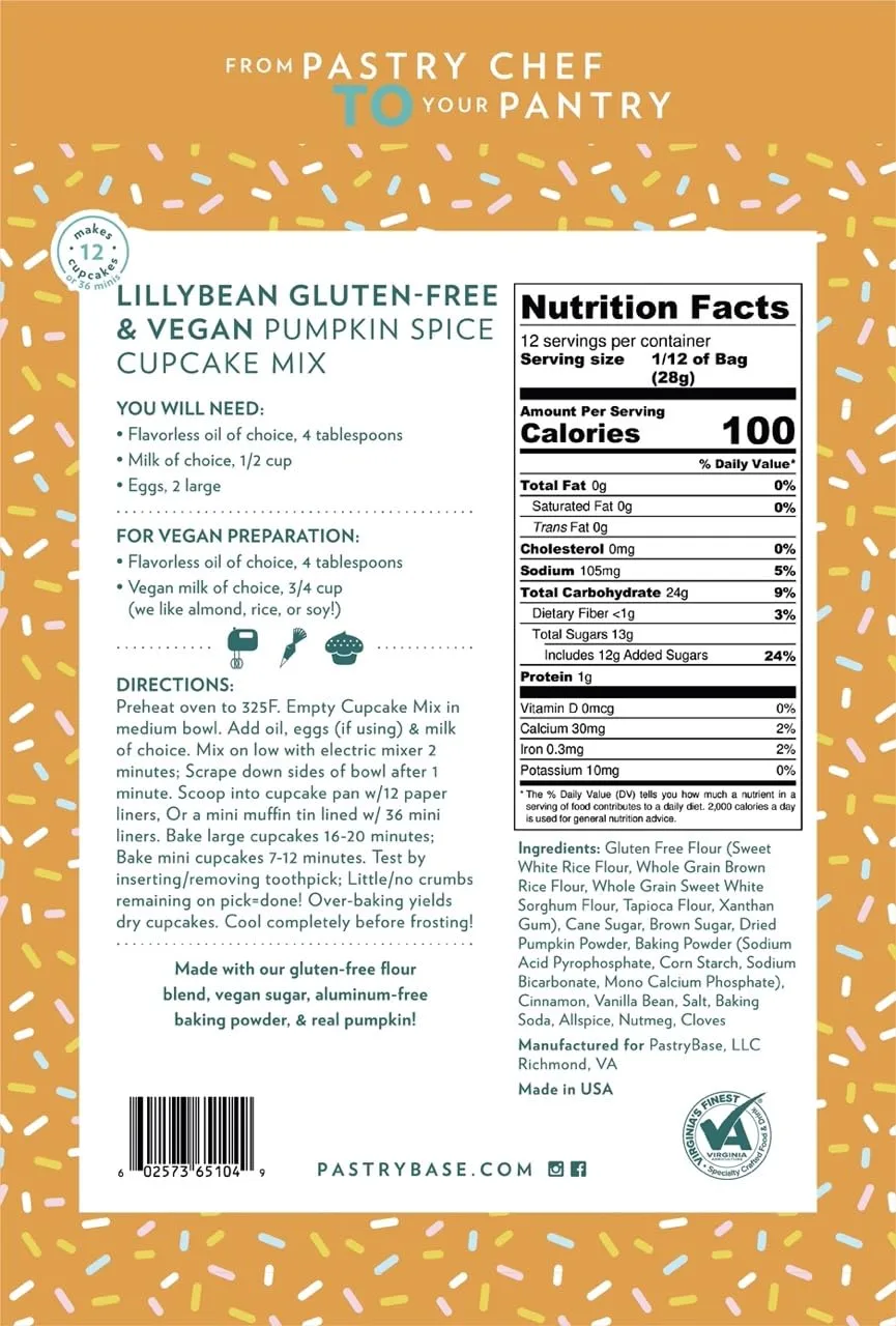 LillyBean Gluten Free Moist Pumpkin Spice Cake and Cupcake Mix with No Artificial Colors - Dairy and Soy Free, Vegan - Makes Delicious Desserts - Cakes, Cake Pops - 12 oz
