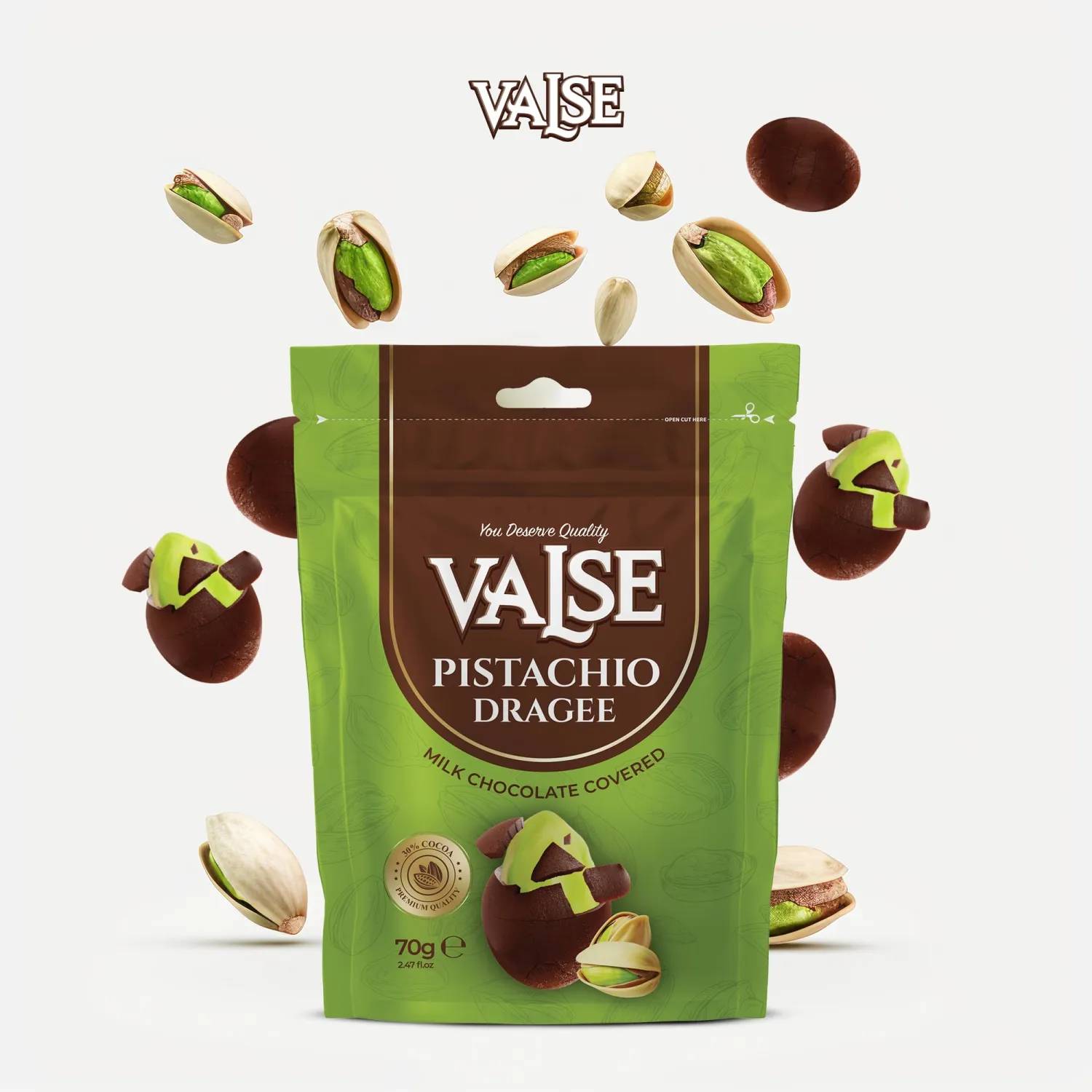 Chocolate Covered Pistachios Dragee, Milk Chocolate Covered Freeze Dried Pistachios Dragee, 2.47 oz Chocolate Covered Fruit, Chocolate Dipped Pistachios Dragee (Mini, Pistachio)