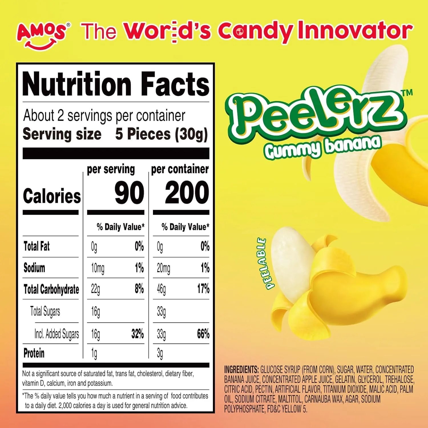 Amos Peelerz Banana Gummies,Peelable Banana Candy,Peeling Fruit Snacks Fat Free, Resealable 2.19oz Bag (Pack of 3)