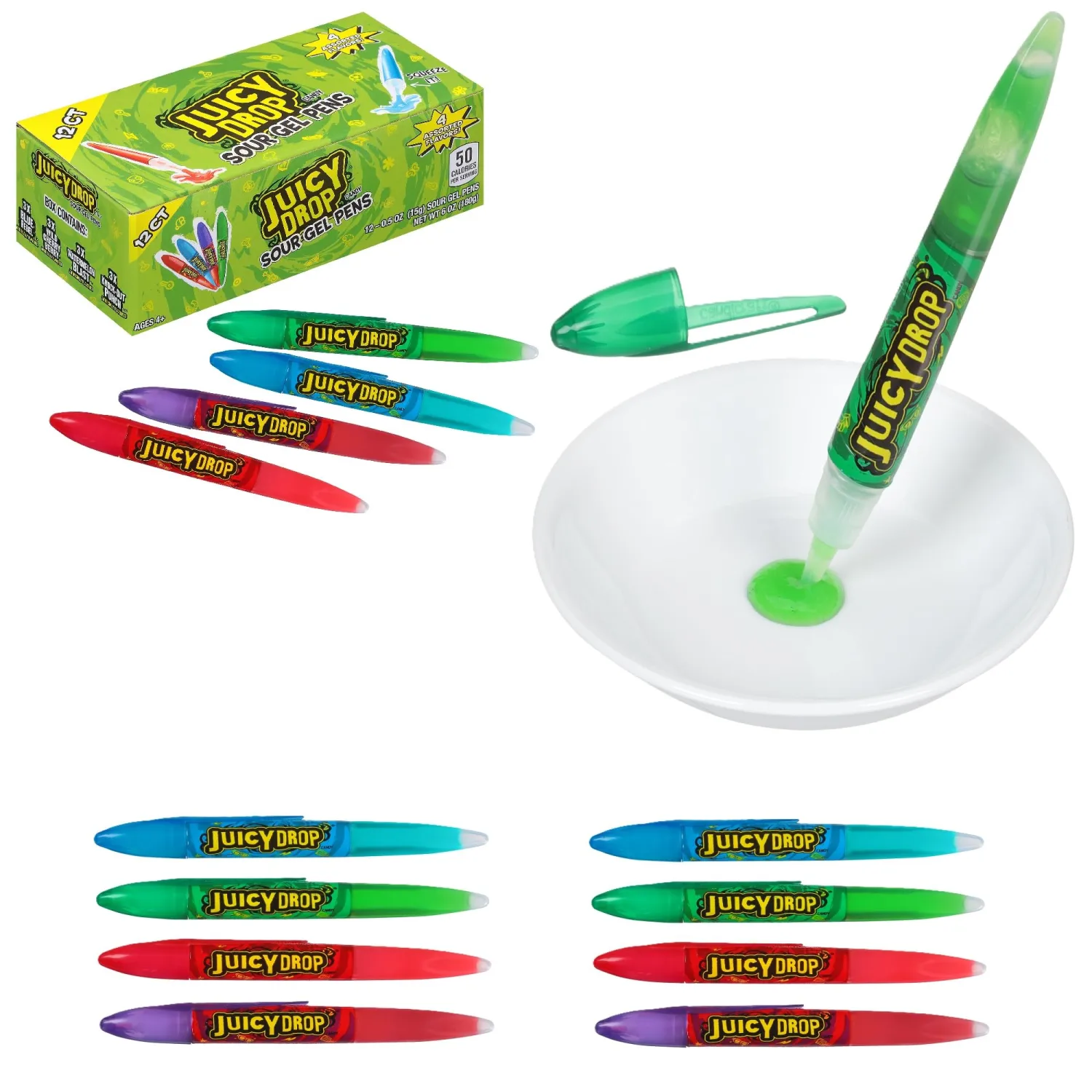 Juicy Drop Sour Candy Gel Pen, 12 Ct Sour Candy Gel Pens in Assorted Fruity Flavors, Full Size, Fun Sour Variety Pack For Party Favors, Birthday Parties, Goodie Bags, Gifts for Kids