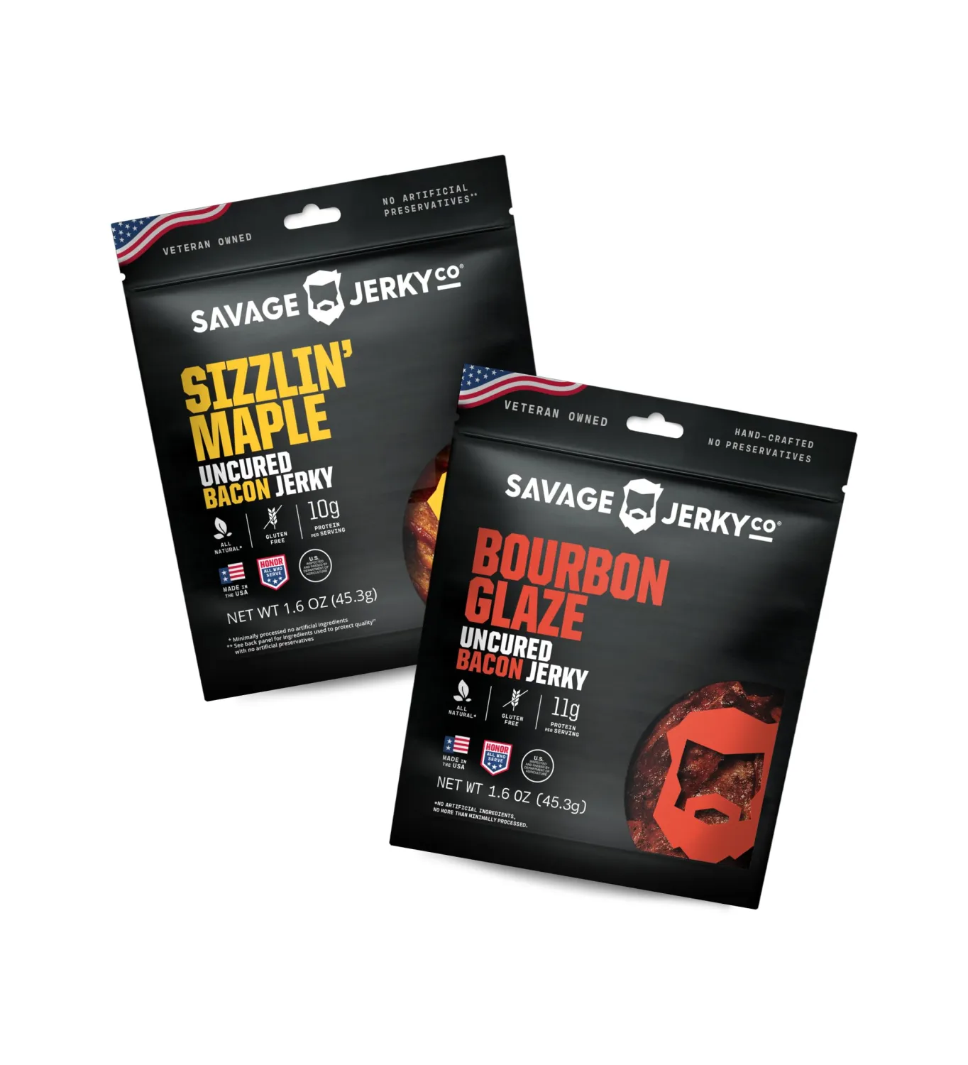 Uncured Bacon Jerky 2-Pack - Maple Cayenne & Bourbon Glaze
