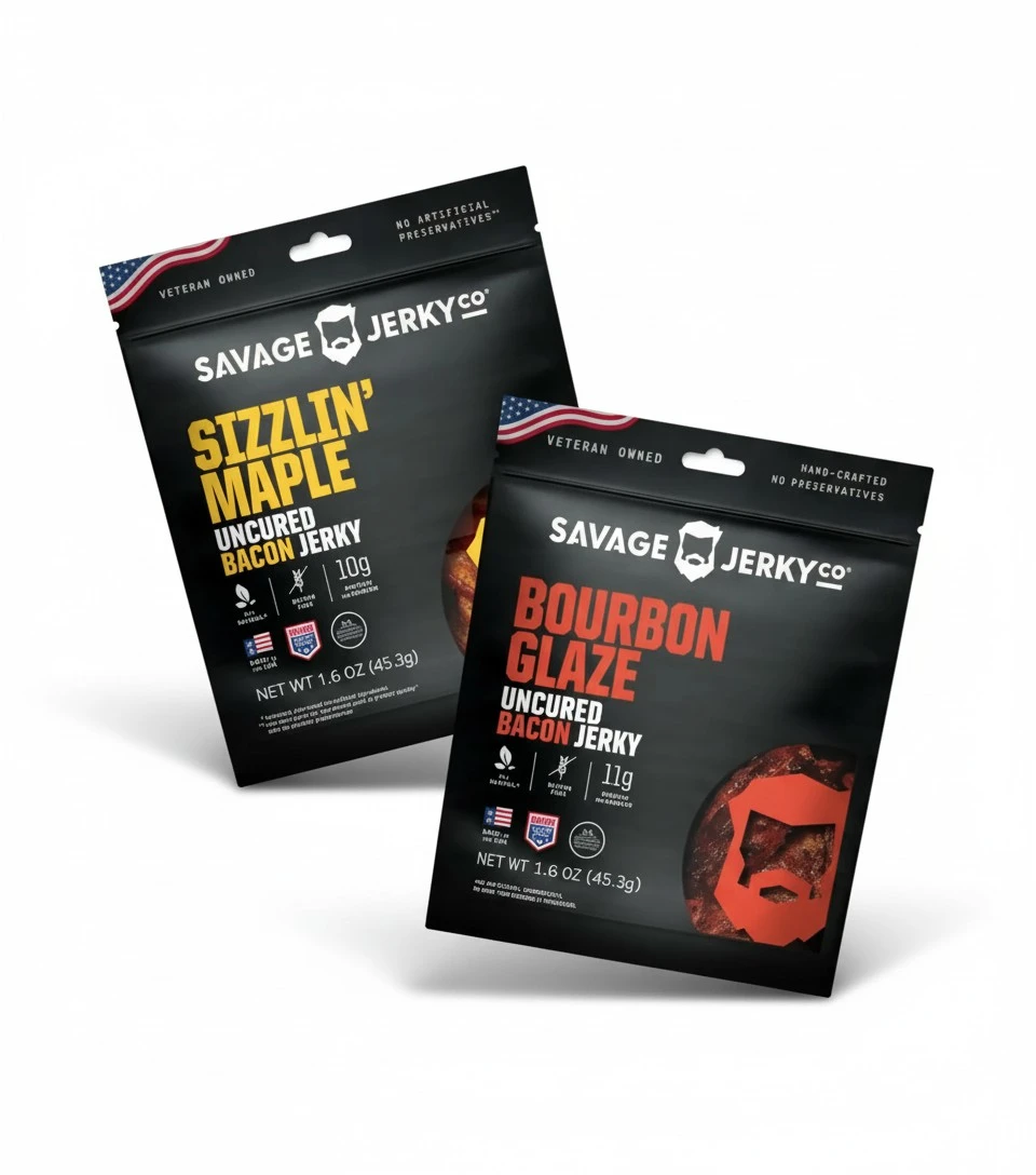 Uncured Bacon Jerky 2-Pack - Maple Cayenne & Bourbon Glaze