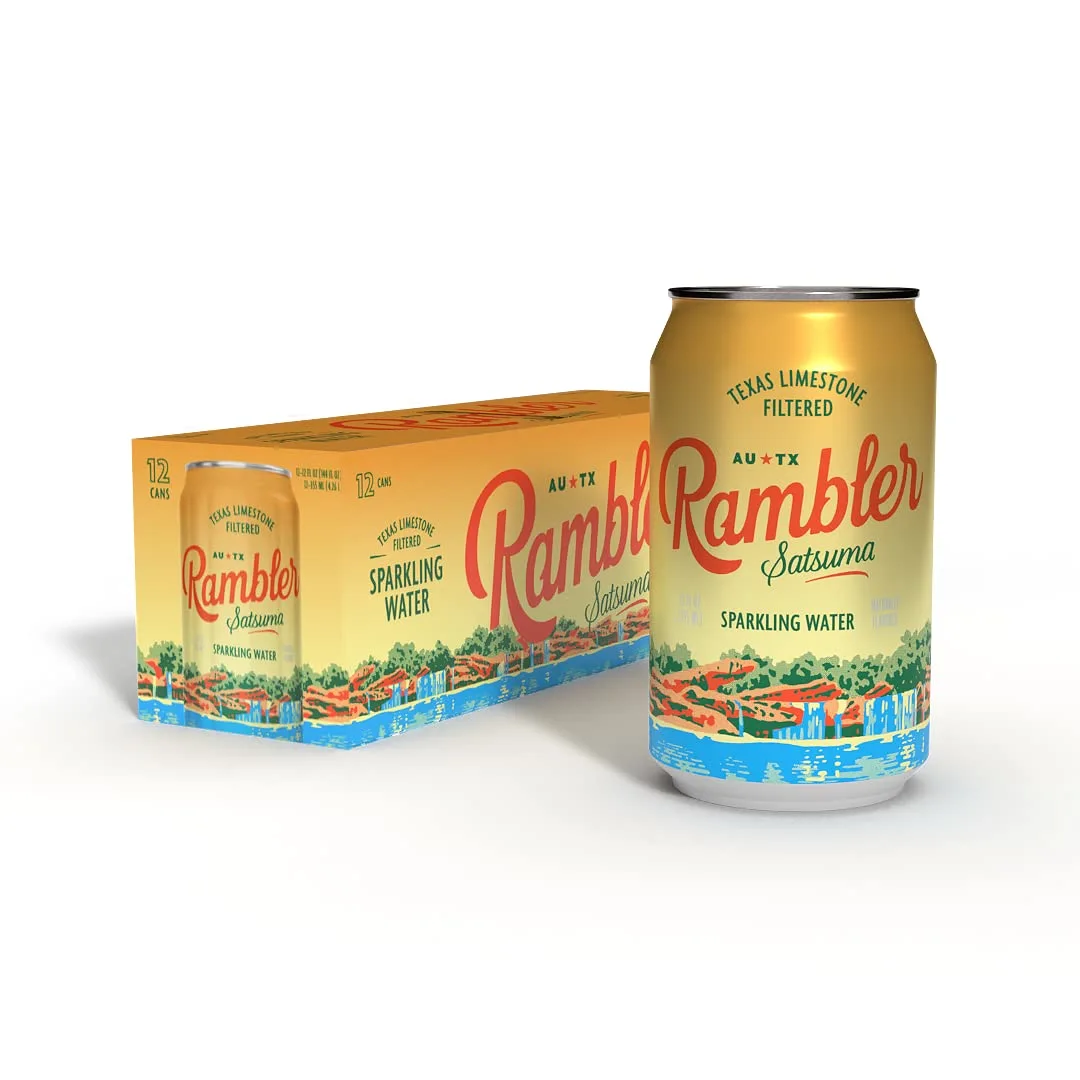 AUTX RAMBLER Sparkling Water, Texas Limestone Mineral Blend, Satsuma Flavor, 12-Ounce Cans, 12-Pack