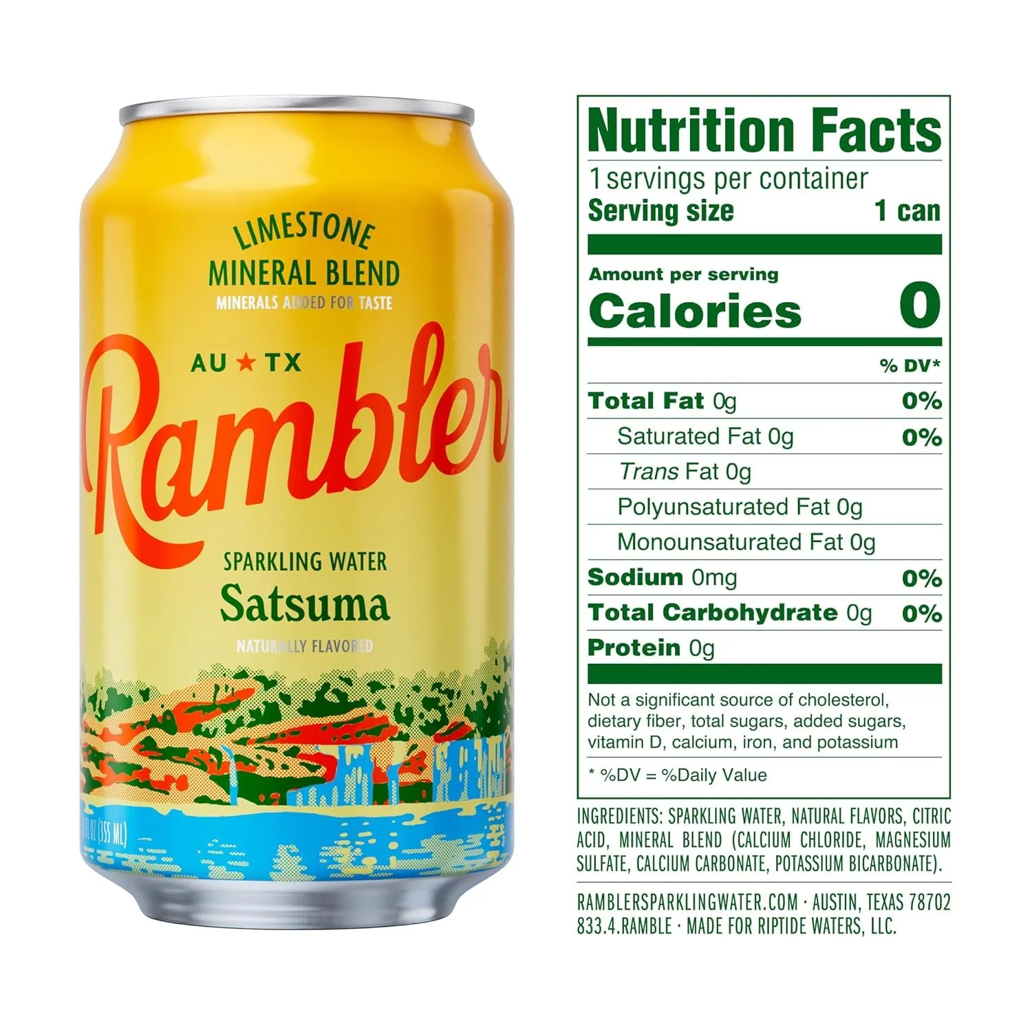 AUTX RAMBLER Sparkling Water, Texas Limestone Mineral Blend, Satsuma Flavor, 12-Ounce Cans, 12-Pack
