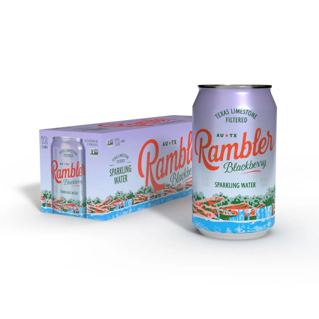 AUTX RAMBLER Sparkling Water, Texas Limestone Mineral Blend, Blackberry Flavor, 12-Ounce Cans, 12-Pack