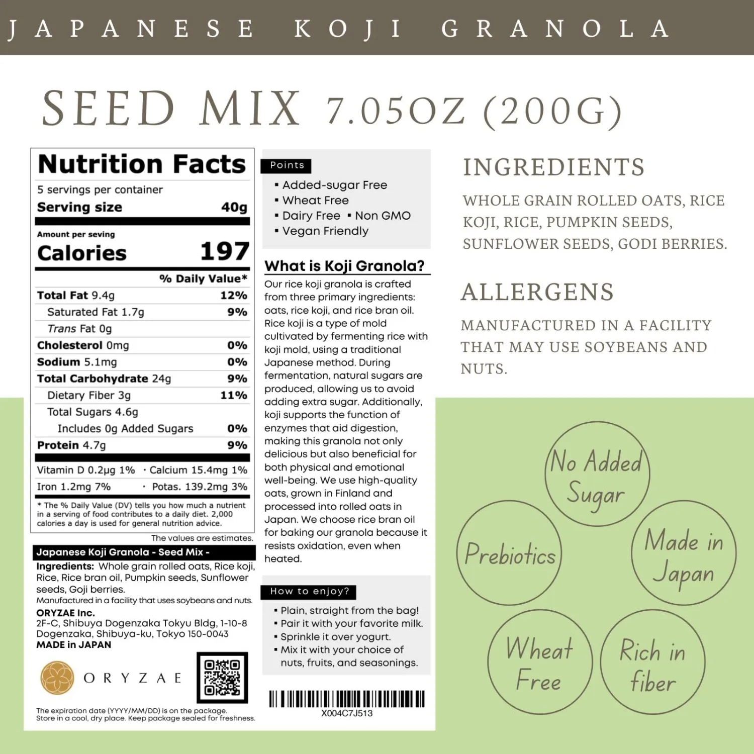Low Glycemic Koji Granola – Seed Mix | Prebiotic Superfood Cereal Snack | Vegan, Gluten-Free, No Sugar Added | Naturally Sweetened with Fermented Rice Koji | Gut-Friendly, Made in Japan (7oz)