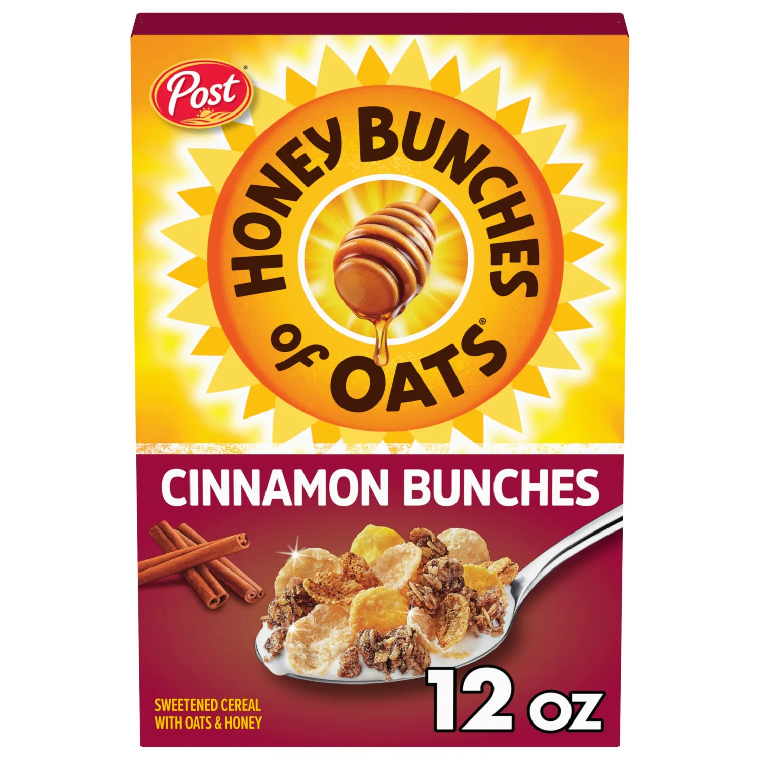 Post Honey Bunches of Oats Cinnamon Bunches Breakfast Cereal, Honey Flavored Cinnamon Cereal with Oat Clusters, 12 OZ Box