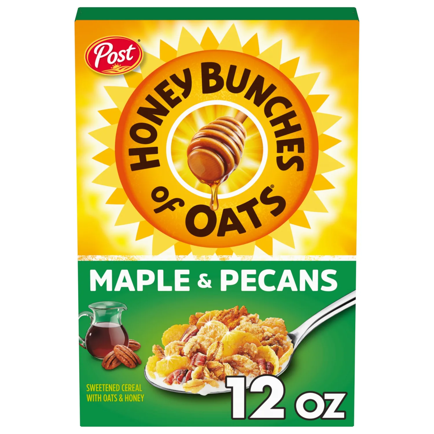 Post Honey Bunches of Oats Maple and Pecans Breakfast Cereal, Honey Oats Cereal with Maple Flavor and Pecans, 12 OZ Box