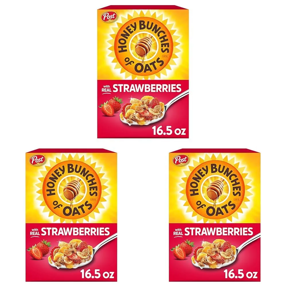 Post Honey Bunches of Oats with Strawberries Breakfast Cereal, Strawberry Cereal with Oats and Granola Clusters, 16.5 OZ Box (Pack of 3)