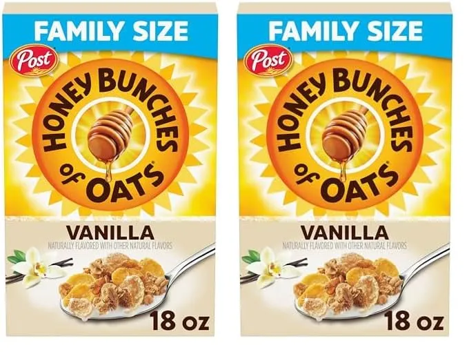Post Honey Bunches of Oats Vanilla Breakfast Cereal, Vanilla Cereal with Oats and Granola Clusters, 18 OZ Box (Pack of 2)
