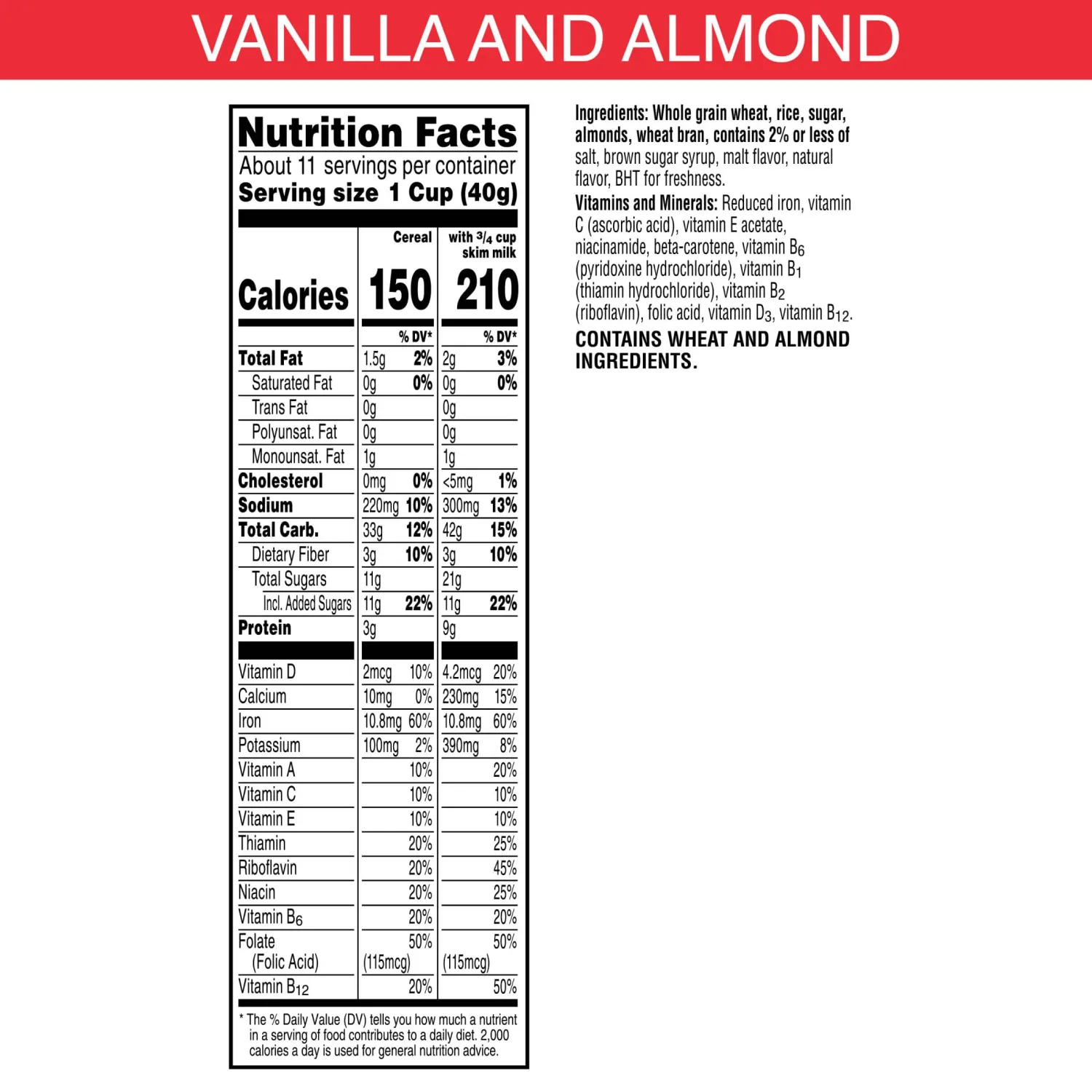 Kellogg's Special K Breakfast Cereal, Fiber Cereal, Family Breakfast, Vanilla and Almond, 16.1oz Box (1 Box)