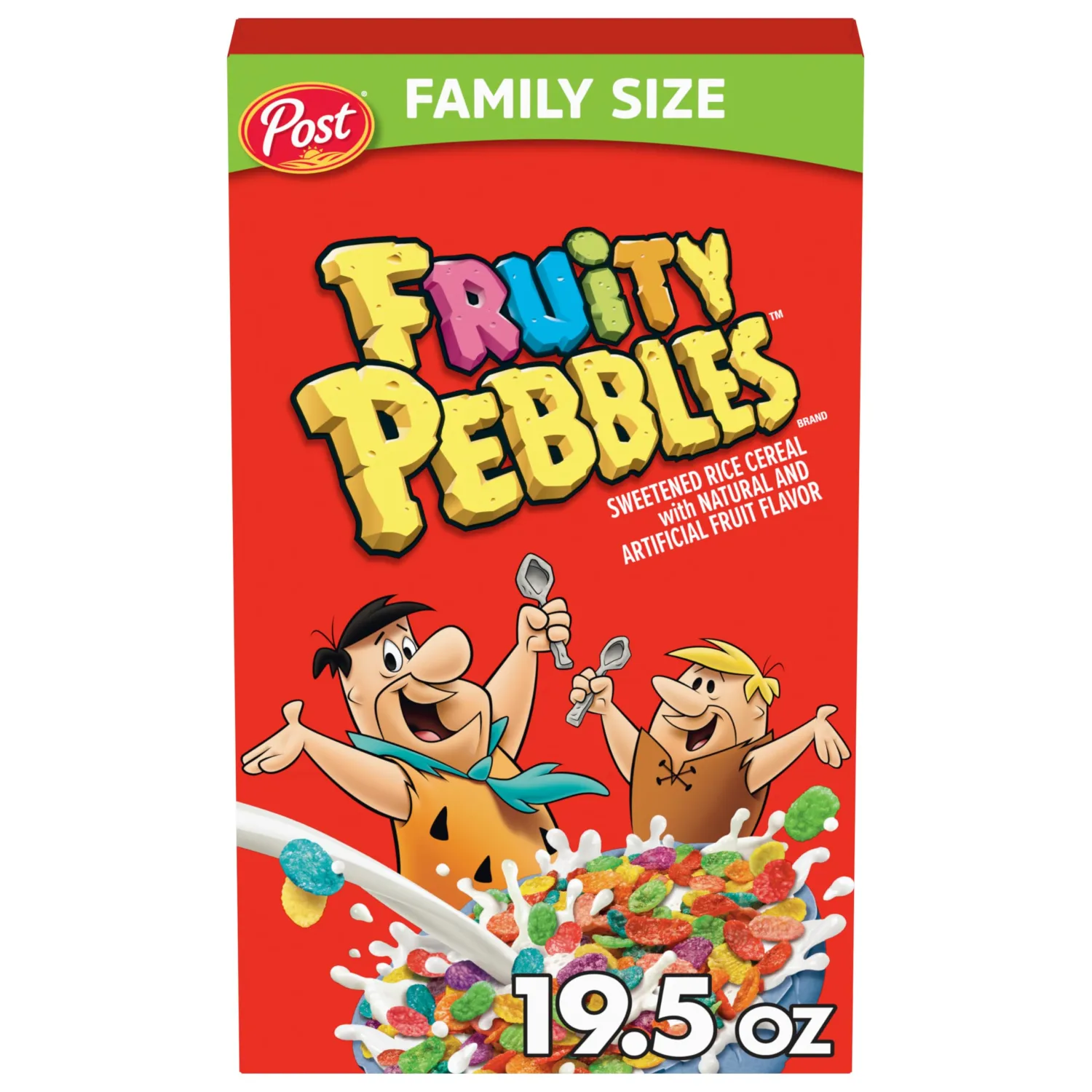 Post Fruity PEBBLES Cereal, Fruity Kids Cereal, Gluten Free Rice Cereal for Kids, 19.5 OZ Family Size Cereal Box