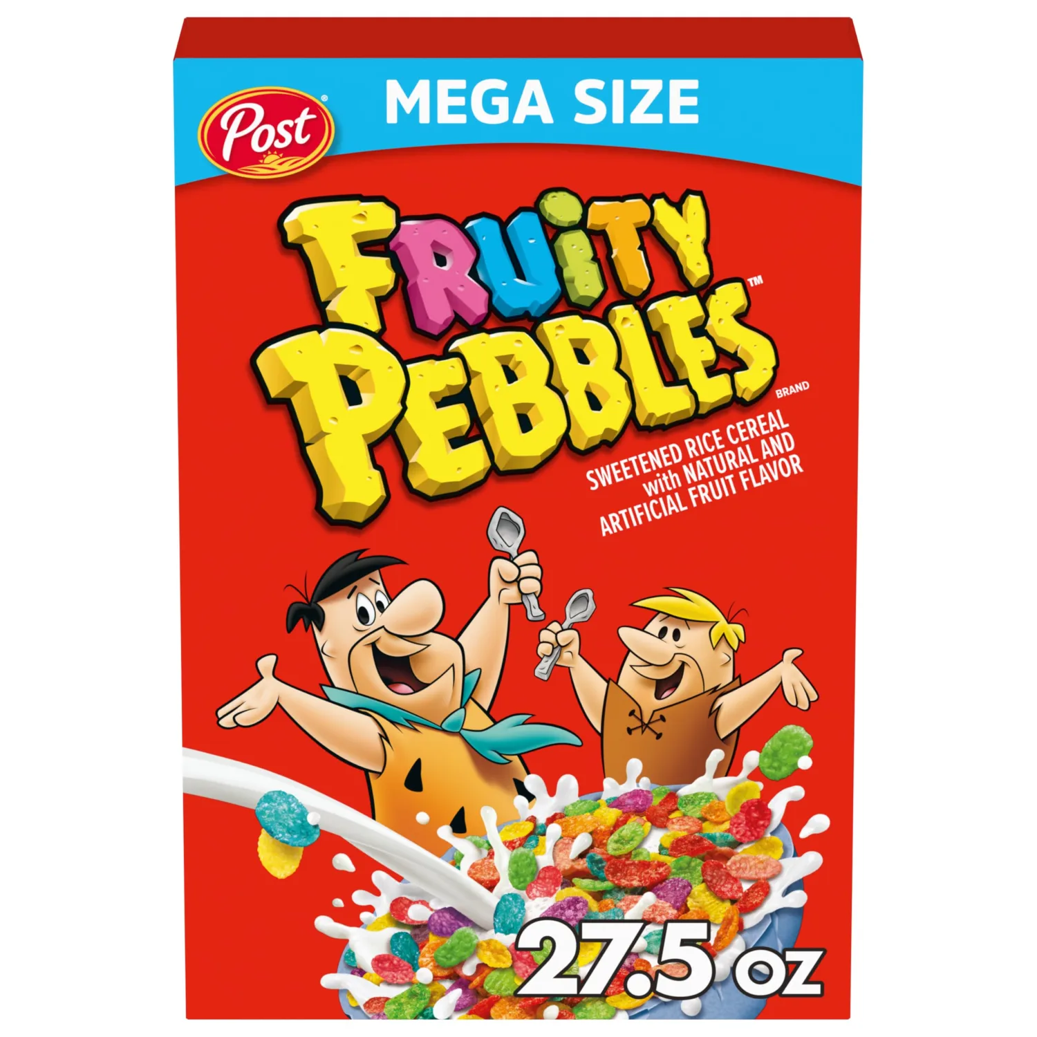 Post Fruity PEBBLES, Fruity Kids Cereal, Gluten Free Rice Cereal for Kids, 27.5 OZ Mega Size Box