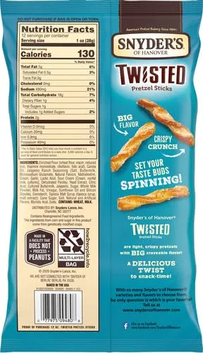 Snyder's of Hanover Jalapeño Ranch Flavored Twisted Pretzel Sticks, 12 Oz Bag (Pack of 3)