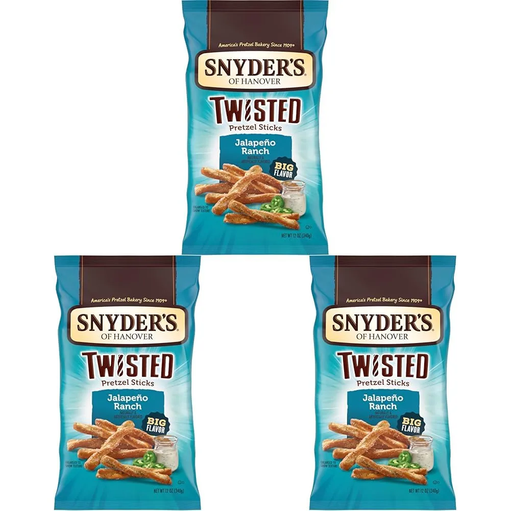 Snyder's of Hanover Jalapeño Ranch Flavored Twisted Pretzel Sticks, 12 Oz Bag (Pack of 3)