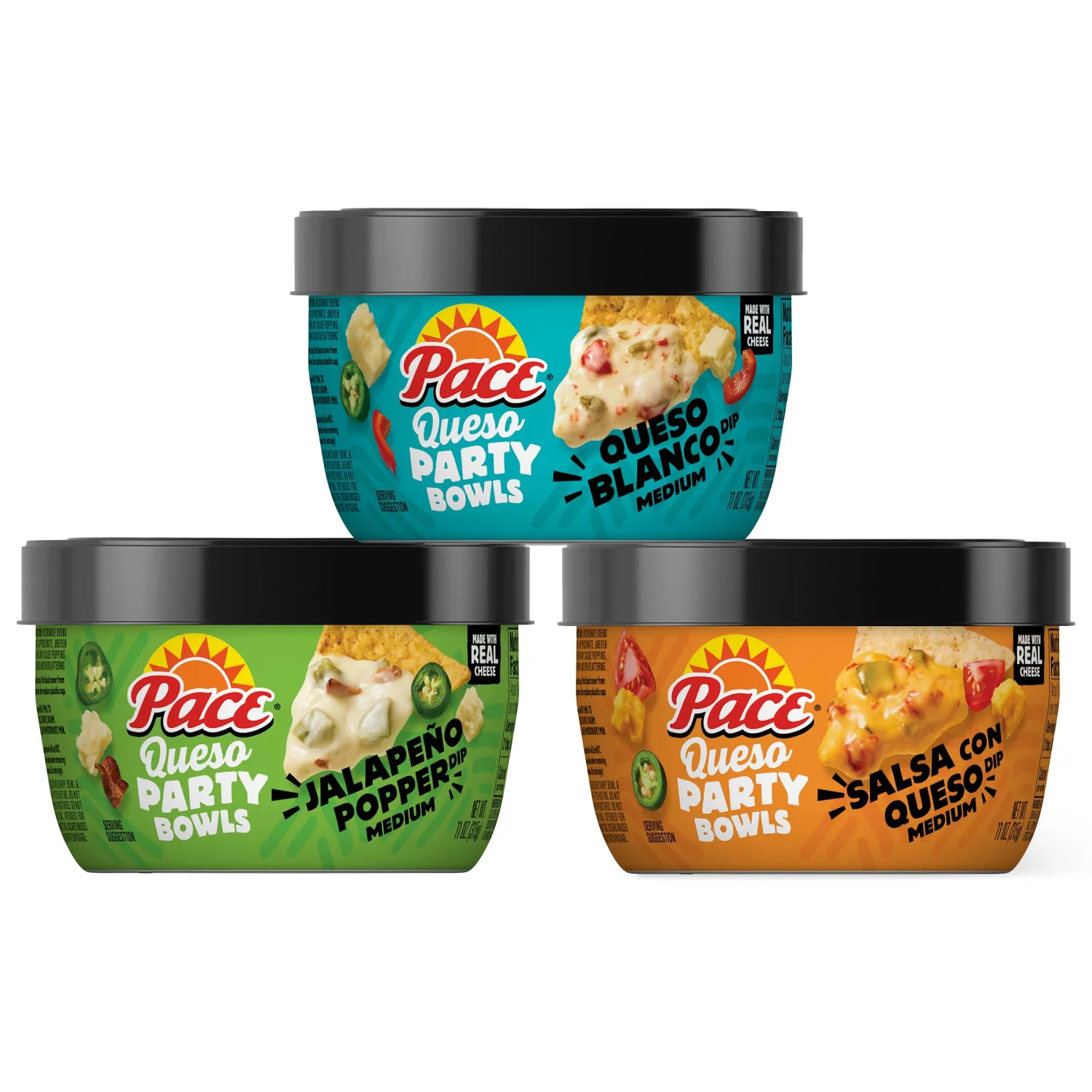 Bundle of Pace Queso Blanco + Salsa Con Queso + Jalapeno Popper 11 oz Microwavable Bowl (Pack of 3)