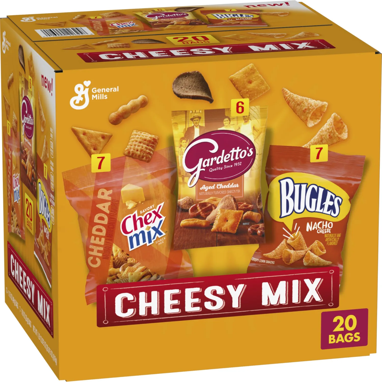 Cheesy Mix Variety Pack Snacks, Chex Mix Cheddar, Bugles Nacho Cheese, Gardetto's Aged Cheddar, 20 Ct, 28.875 oz