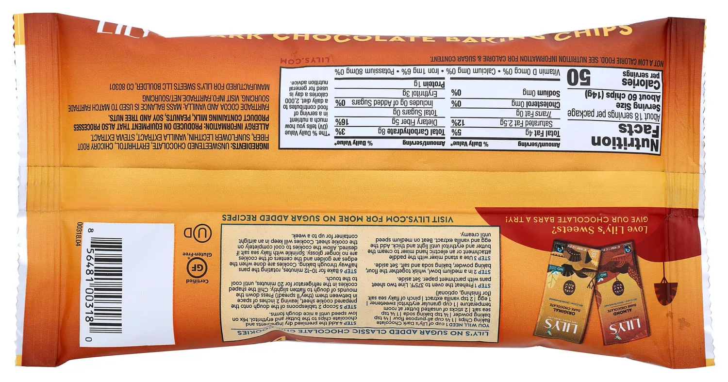 Lily's Sweets, Dark Chocolate Baking Chips, 9 Ounce