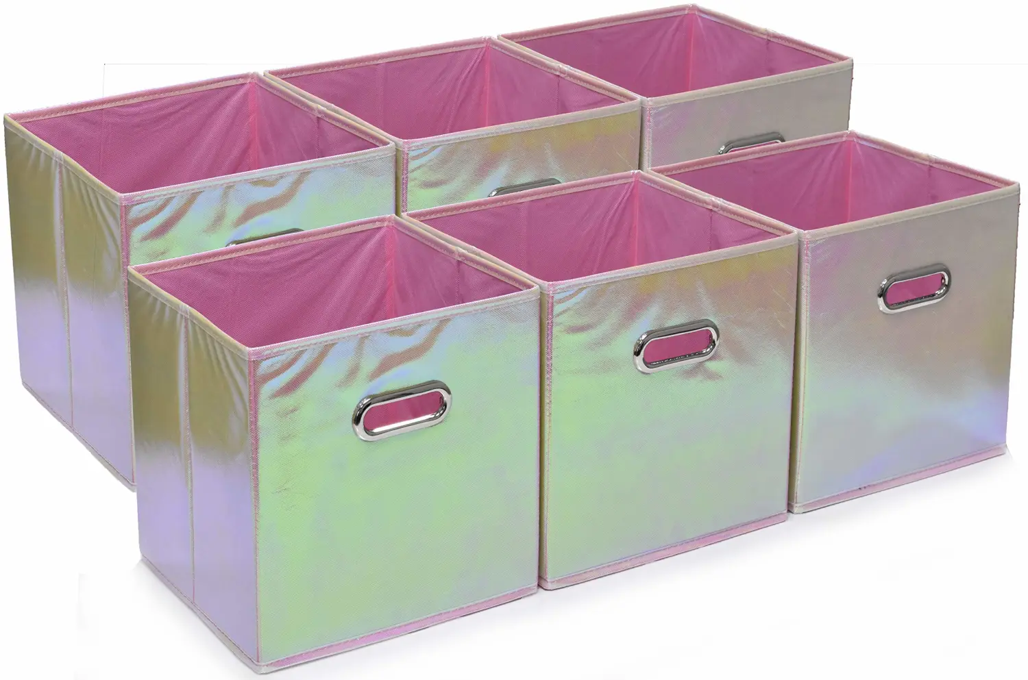 Handy Laundry 6-Pack Foldable Cube Storage Bins – Decorative Collapsible Organizer for Shelves, Closets, Underbed, Clothes, or Kids’ Toys (Shiny Pink)