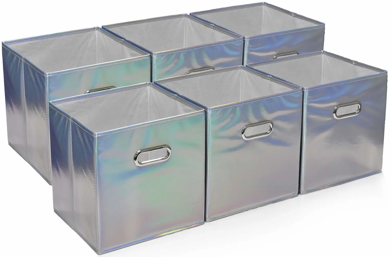 Handy Laundry 6-Pack Foldable Cube Storage Bins – Decorative Collapsible Organizer for Shelves, Closets, Underbed, Clothes, or Kids’ Toys (Shiny Silver)