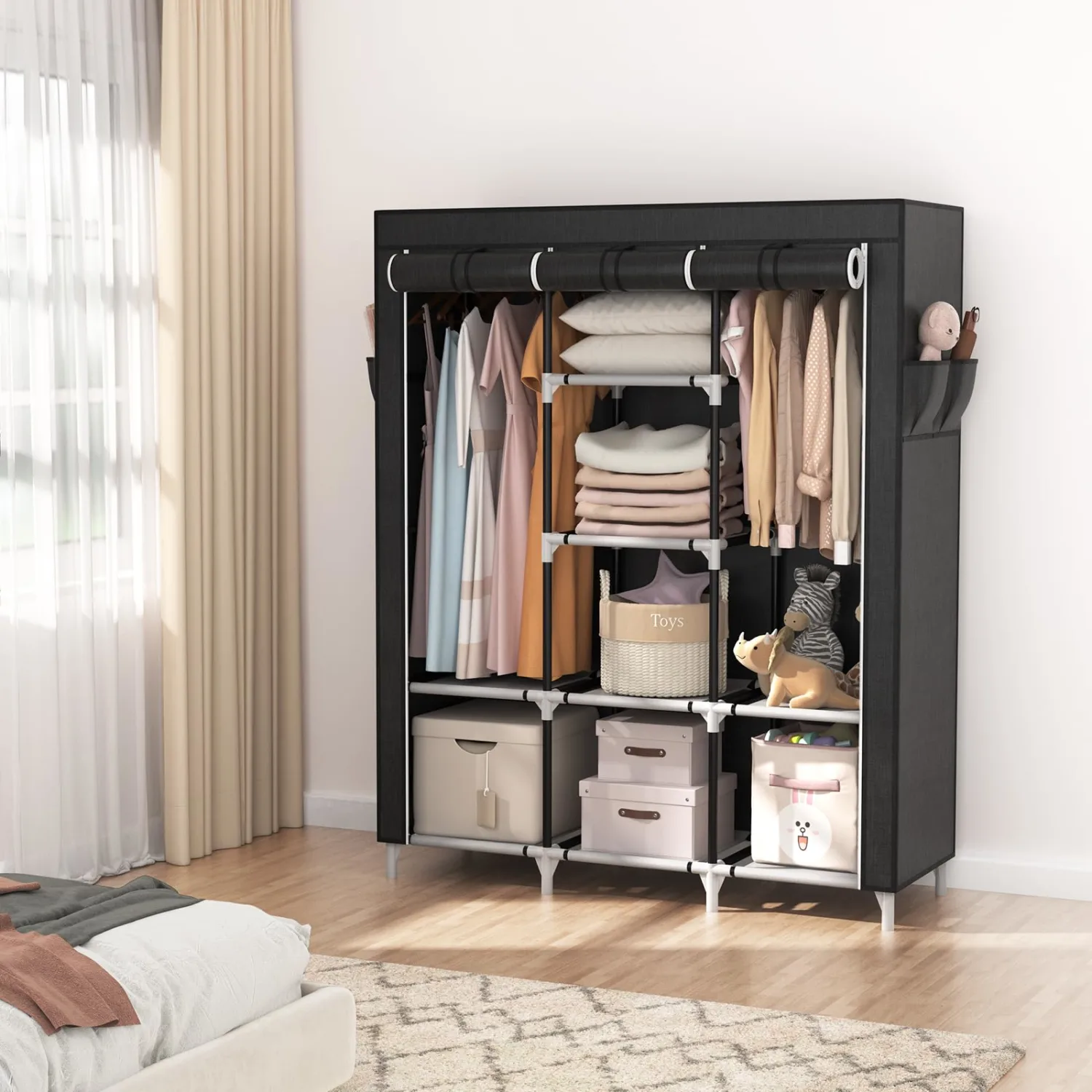 VTRIN Portable Closet, Large Capacity Portable Wardrobe with 2 Hanging Rods and 8 Storage Shelves, Sturdy Free Standing Closet Wardrobe for Hanging Clothes with Side Pockets, Black