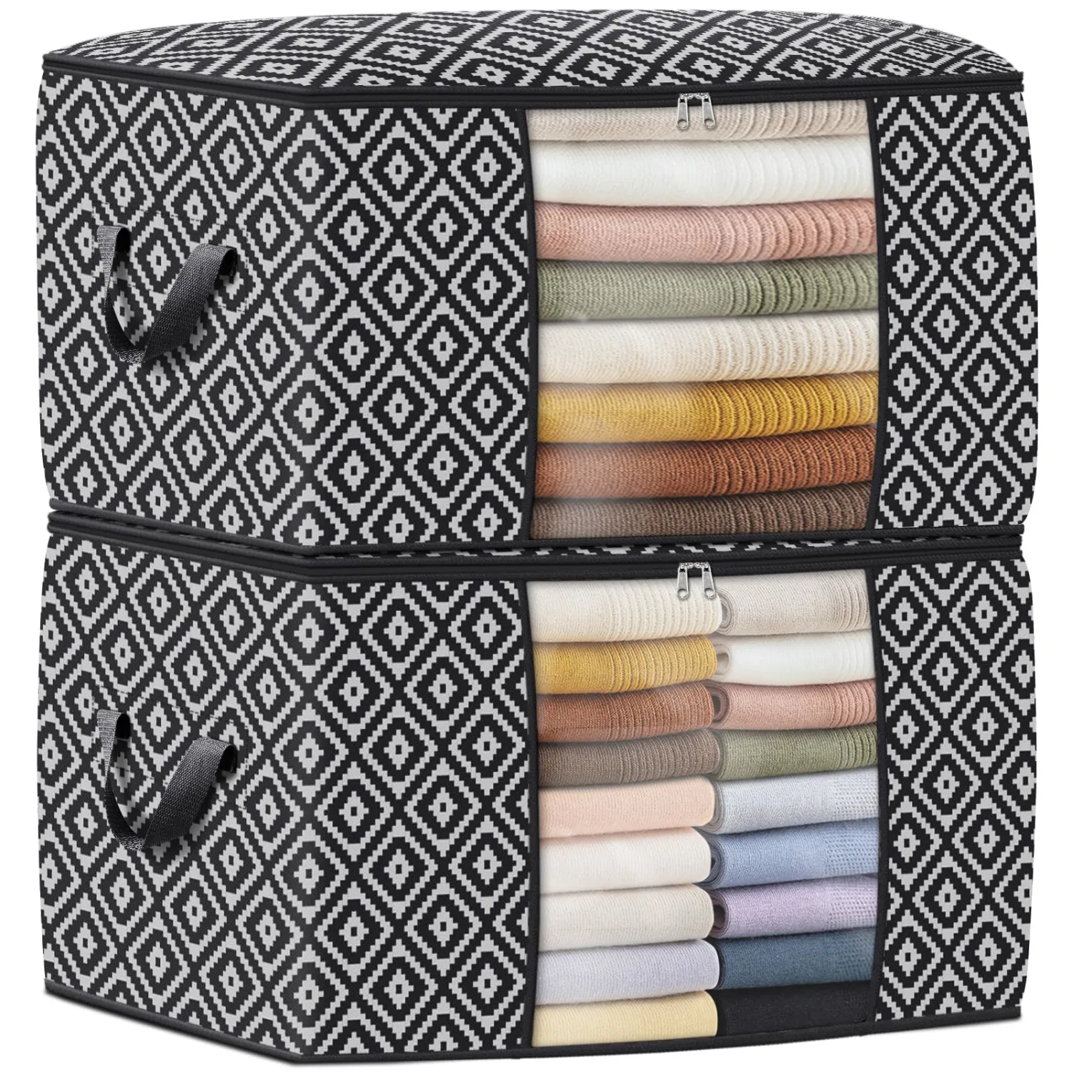 Direct 100L Storage Containers, Large Clothes Storage Bins Foldable Organization and Storage Bags with Reinforced Handle, Clear Window for Bedding, Blankets, Clothing, 2 Pack, Black