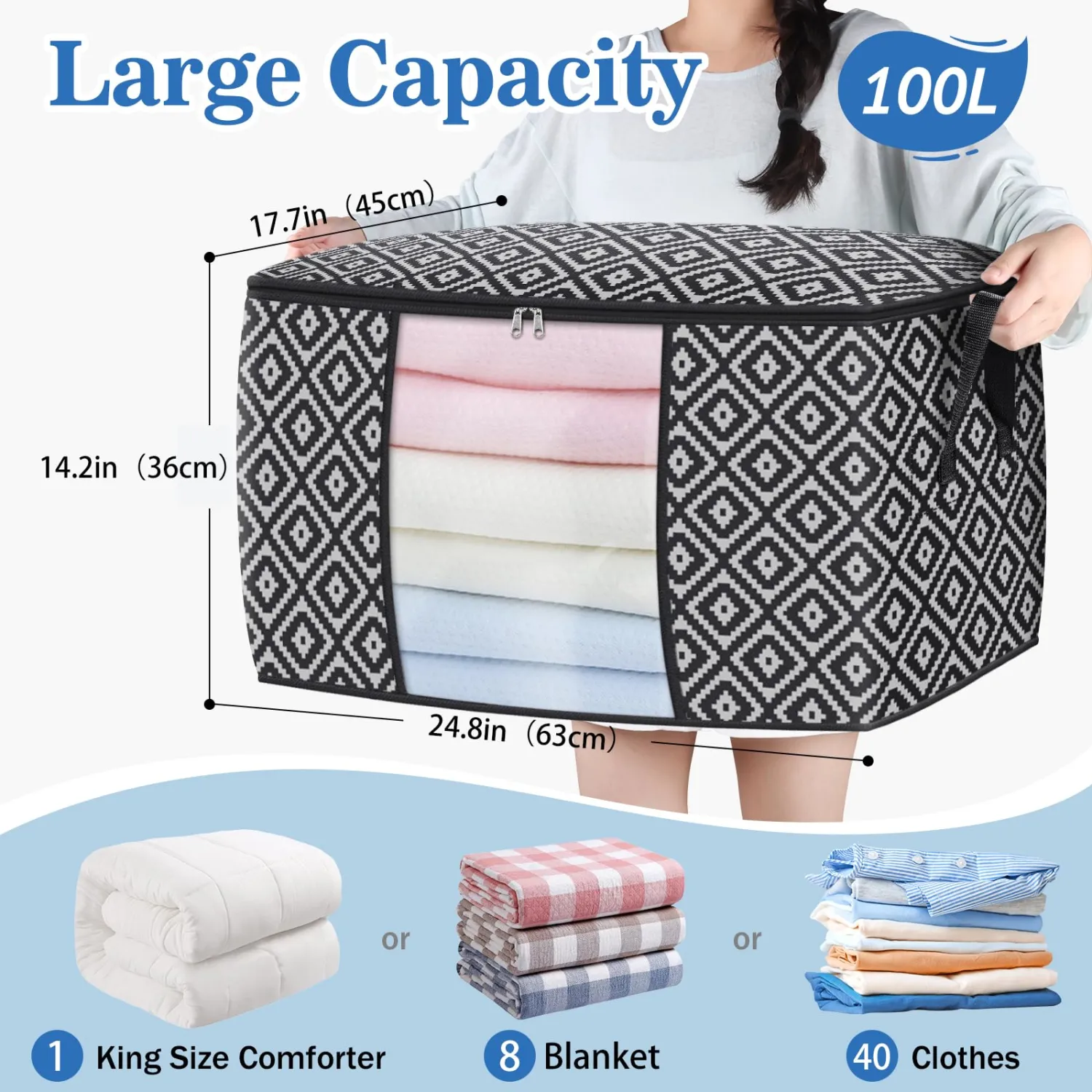 Direct 100L Storage Containers, Large Clothes Storage Bins Foldable Organization and Storage Bags with Reinforced Handle, Clear Window for Bedding, Blankets, Clothing, 4 Pack, Black