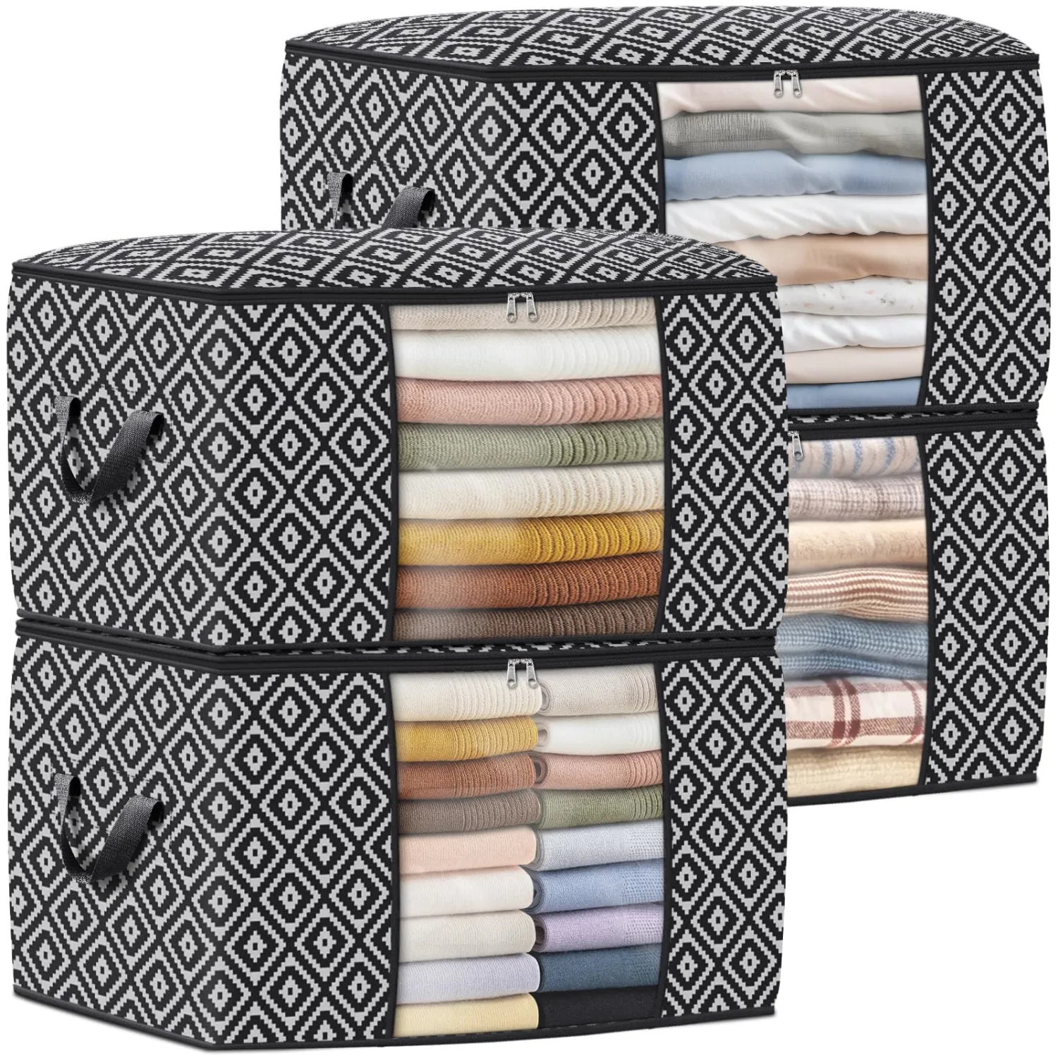 Direct 100L Storage Containers, Large Clothes Storage Bins Foldable Organization and Storage Bags with Reinforced Handle, Clear Window for Bedding, Blankets, Clothing, 4 Pack, Black