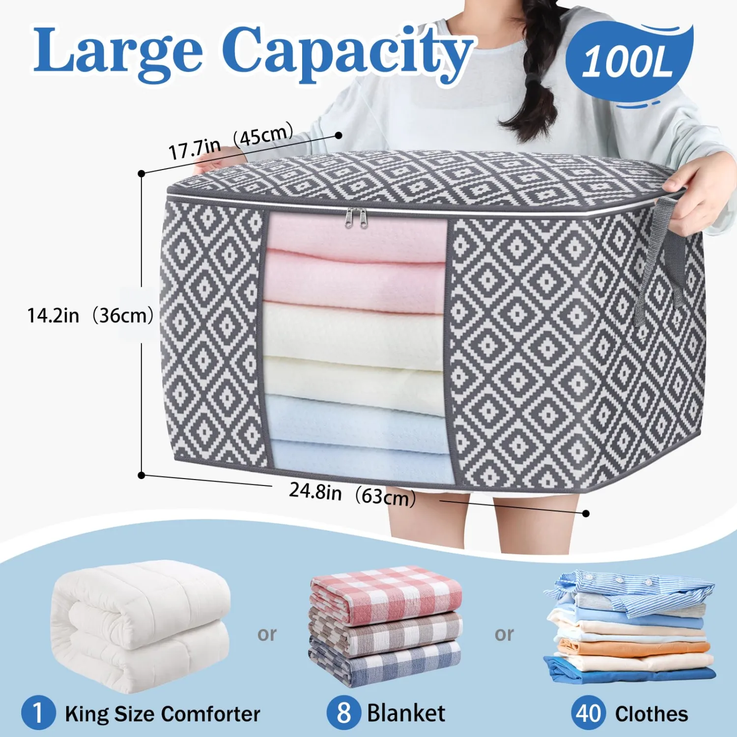 Direct 100L Storage Containers, Large Clothes Storage Bins Foldable Organization and Storage Bags with Reinforced Handle, Clear Window for Bedding, Blankets, Clothing, 4 Pack, Grey