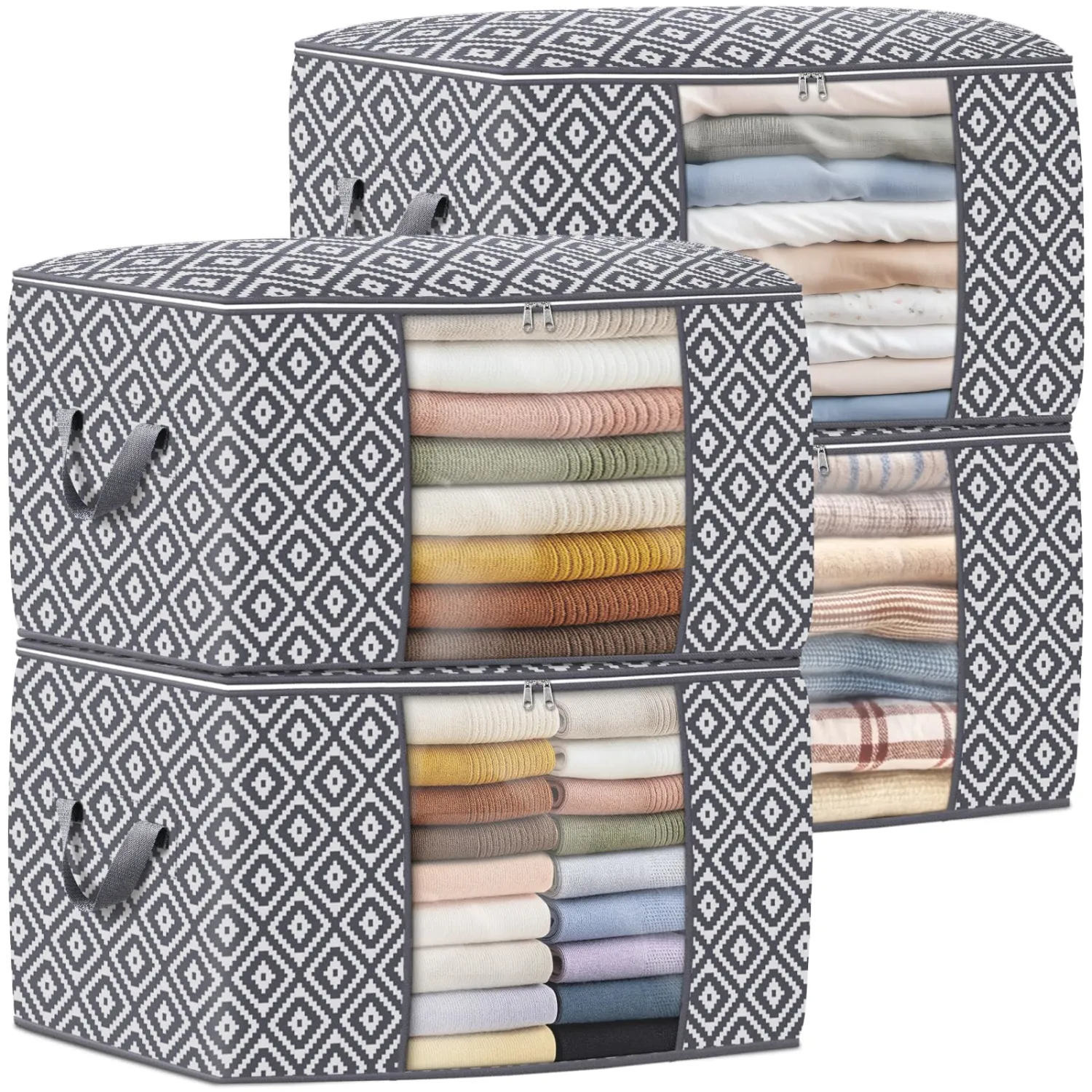 Direct 100L Storage Containers, Large Clothes Storage Bins Foldable Organization and Storage Bags with Reinforced Handle, Clear Window for Bedding, Blankets, Clothing, 4 Pack, Grey