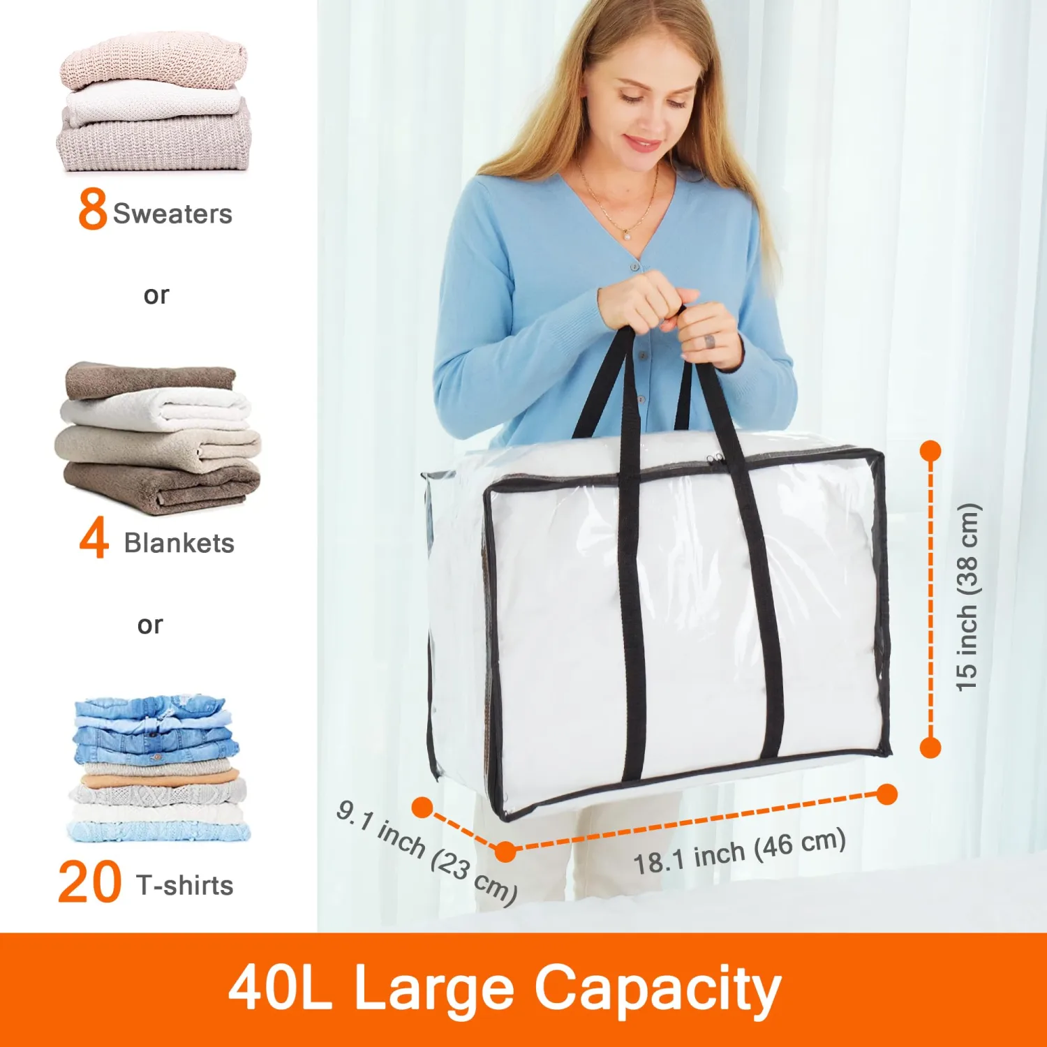 Vieshful Clear Comforter Storage Bag, 40L Clothes Storage Bag with Zipper Closet Organizer, Plastic Storage Containers Moving bags for Comforter, Blanket, Bedding, Duvet, Toys