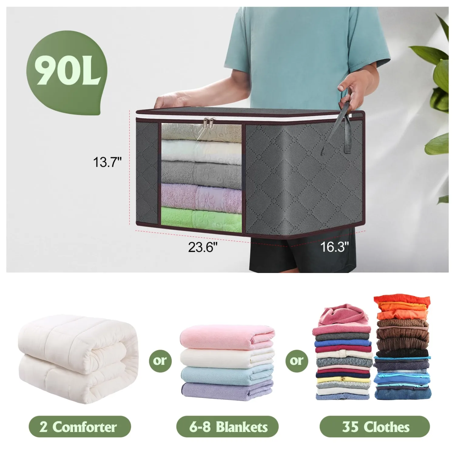 90L Large Storage Bags,6 Pack Foldable Clothes Storage Bins,Closet Organizers Storage Containers Durable Handle Thick Fabric For Bedding,Clothing, Blanket, Pillows and Toys,Grey