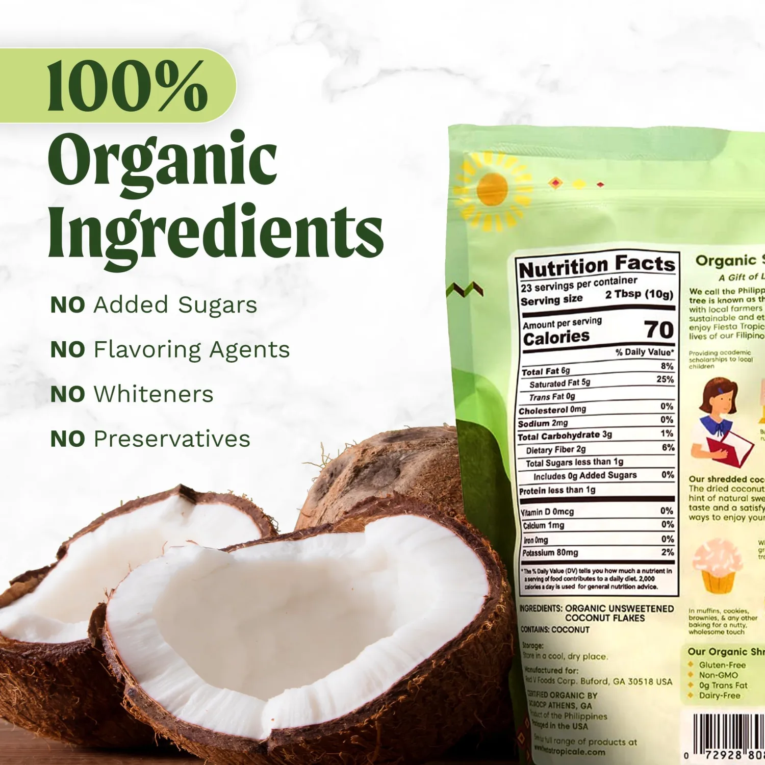 Unsweetened Coconut Flakes, 8 Oz (Pack of 1) - Raw Organic Dried Coconut Flakes, Gluten Free, Shredded Coconut Perfect for Vegan Baking, Smoothies, and Keto Recipes - Fiesta Tropicalé