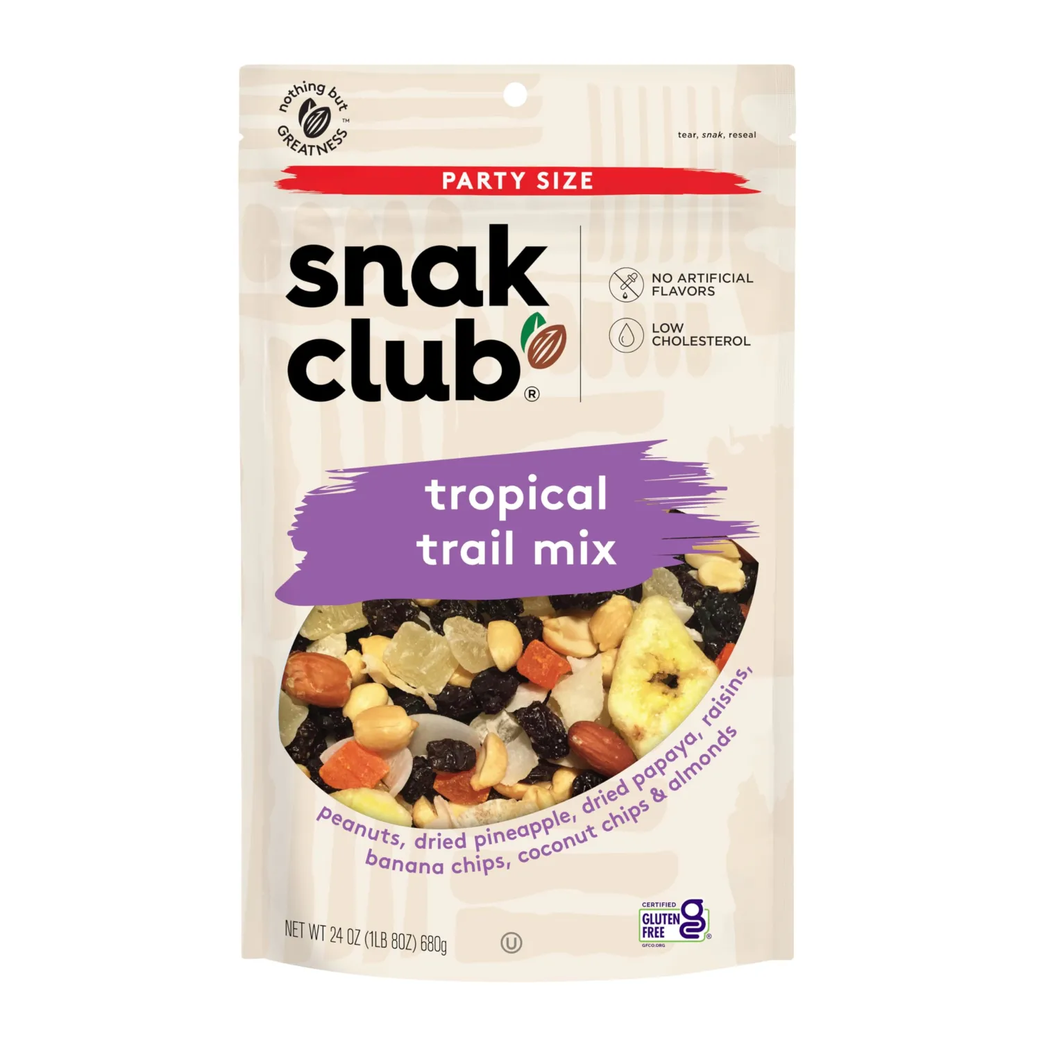 Snak Club Tropical Trail Mix with Peanuts, Dried Papaya, Raisins, Banana Chips, Dried Pineapple, Coconut Chips, and Almonds, Gluten-Free and Kosher Snack, 24 oz Resealable Bag