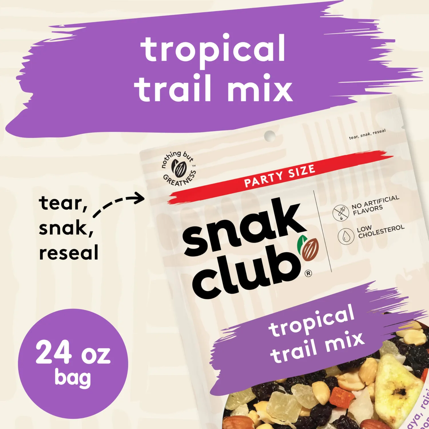 Snak Club Tropical Trail Mix with Peanuts, Dried Papaya, Raisins, Banana Chips, Dried Pineapple, Coconut Chips, and Almonds, Gluten-Free and Kosher Snack, 24 oz Resealable Bag