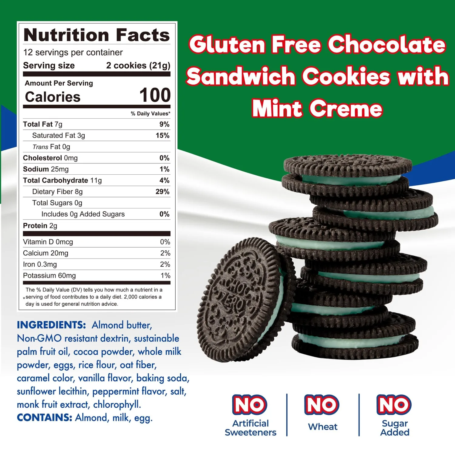 ChocZero Mint Creme Chocolate Sandwich Cookies, Gluten Free, No Added Sugar, High in Fiber, Keto Friendly Dunkies (1 Box, 9oz)