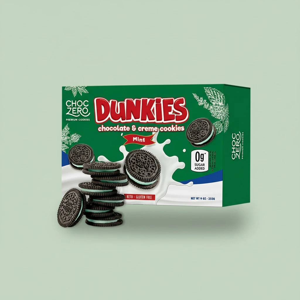 ChocZero Mint Creme Chocolate Sandwich Cookies, Gluten Free, No Added Sugar, High in Fiber, Keto Friendly Dunkies (1 Box, 9oz)