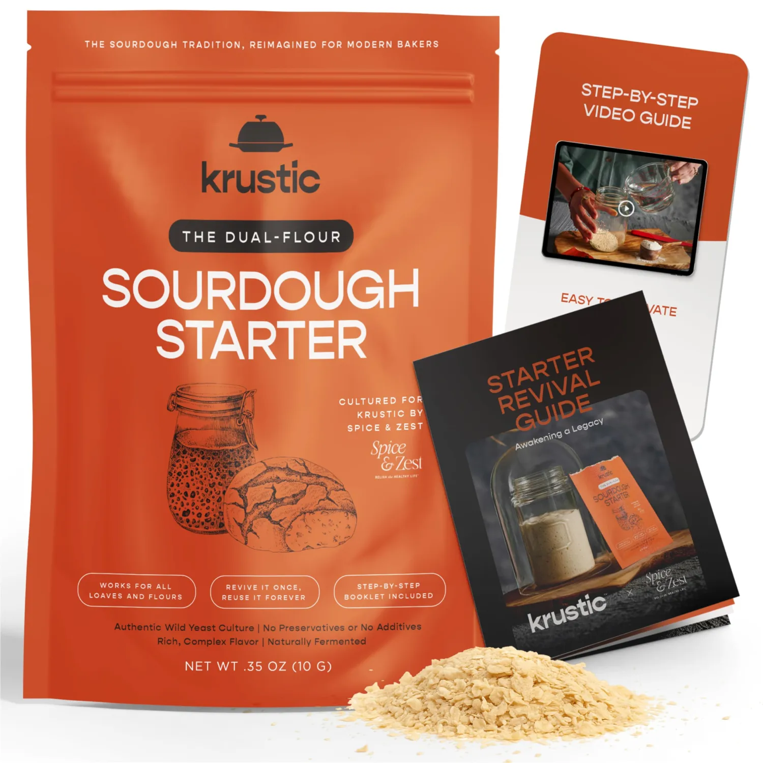 Dual-Flour Sourdough Starter Culture – Fast-Activating Dehydrated Chips with Natural Wild Yeast – Made from Organic, Non-GMO Flour – Video & Manual Included – Ideal for Homemade Artisan Bread & Baking Beginners