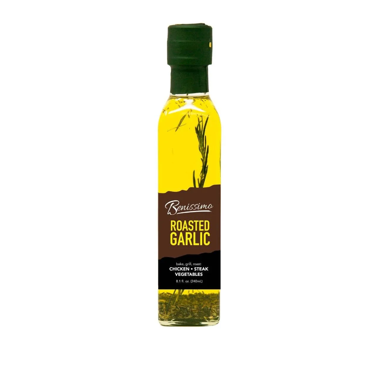 Benissimo Roasted Garlic Herb Infused Oil, All Natural, Farm Fresh Herbs, Sizzle and Drizzle, 8.1 FL Oz