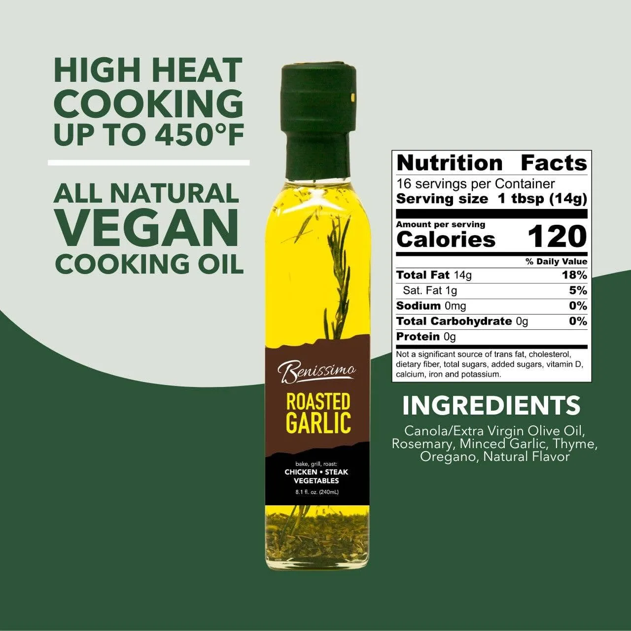 Benissimo Roasted Garlic Herb Infused Oil, All Natural, Farm Fresh Herbs, Sizzle and Drizzle, 8.1 FL Oz