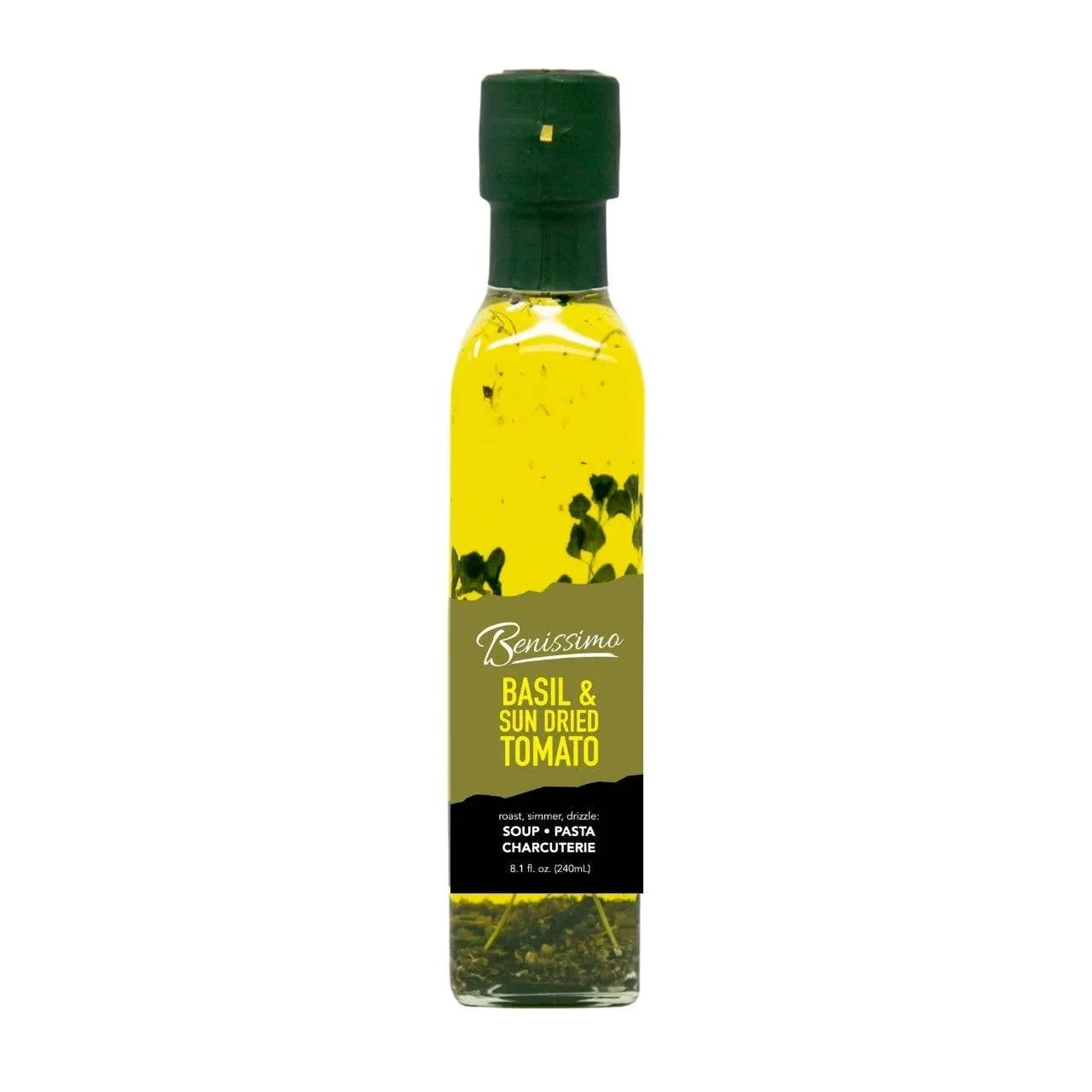 Benissimo Basil and Sun Dried Tomato Herb Infused Oil, All Natural, Farm Fresh Herbs, Sizzle and Drizzle, 8.1 FL Oz