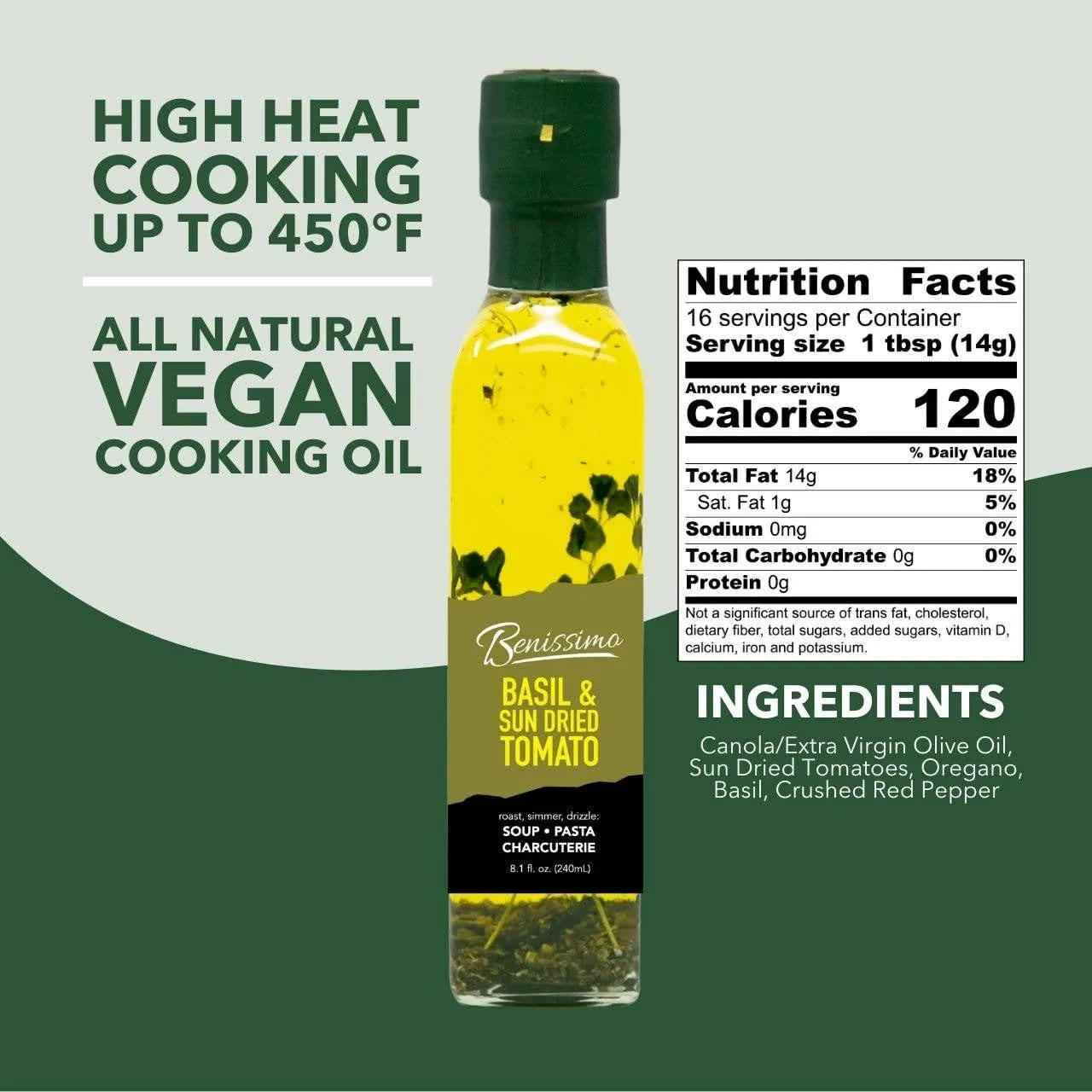 Benissimo Basil and Sun Dried Tomato Herb Infused Oil, All Natural, Farm Fresh Herbs, Sizzle and Drizzle, 8.1 FL Oz