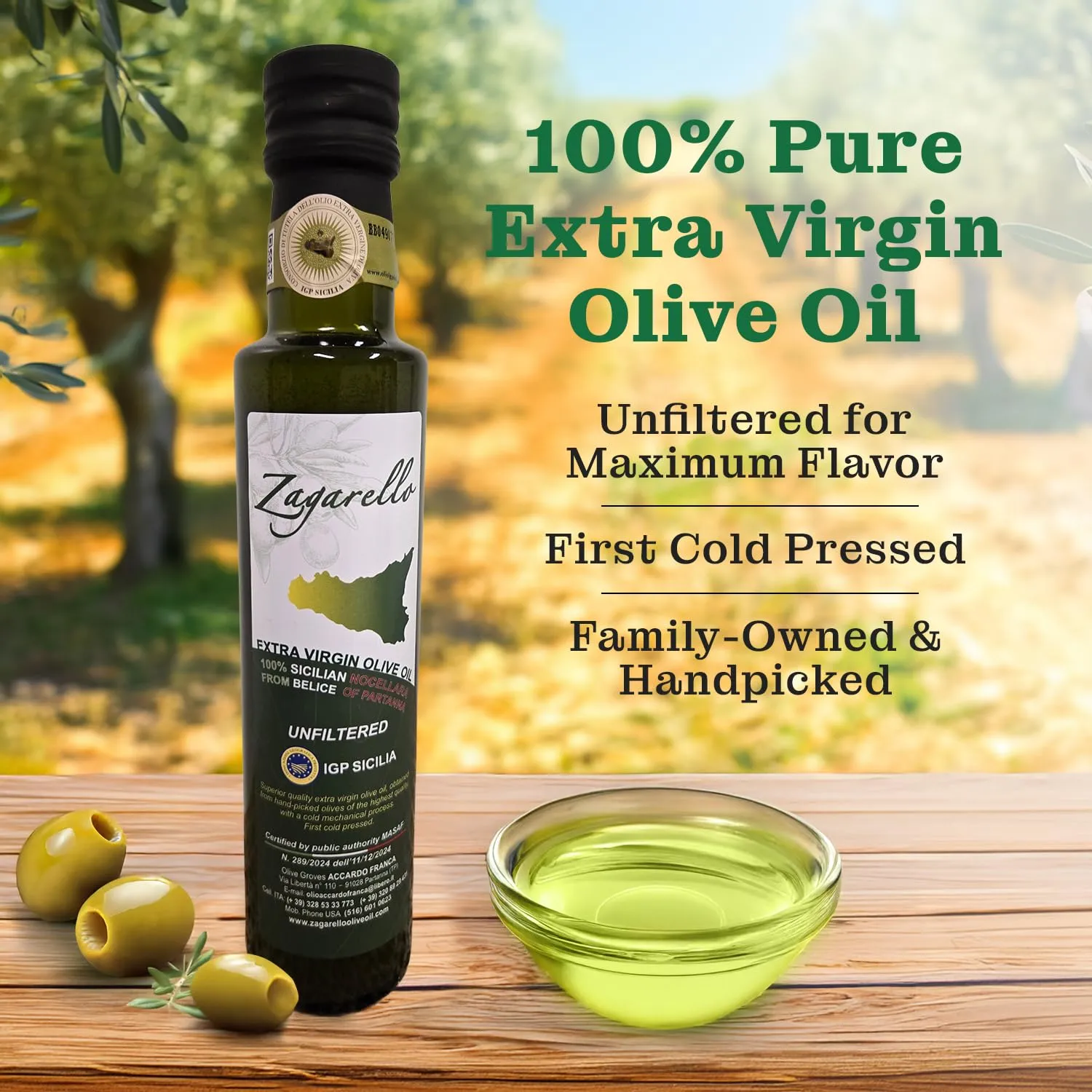 100% TRACEABLE Extra Virgin Olive Oil from Italy by Zagarello - 250ml | 100% Pure, Unfiltered, IGP Certified, First Cold Pressed (250ml)