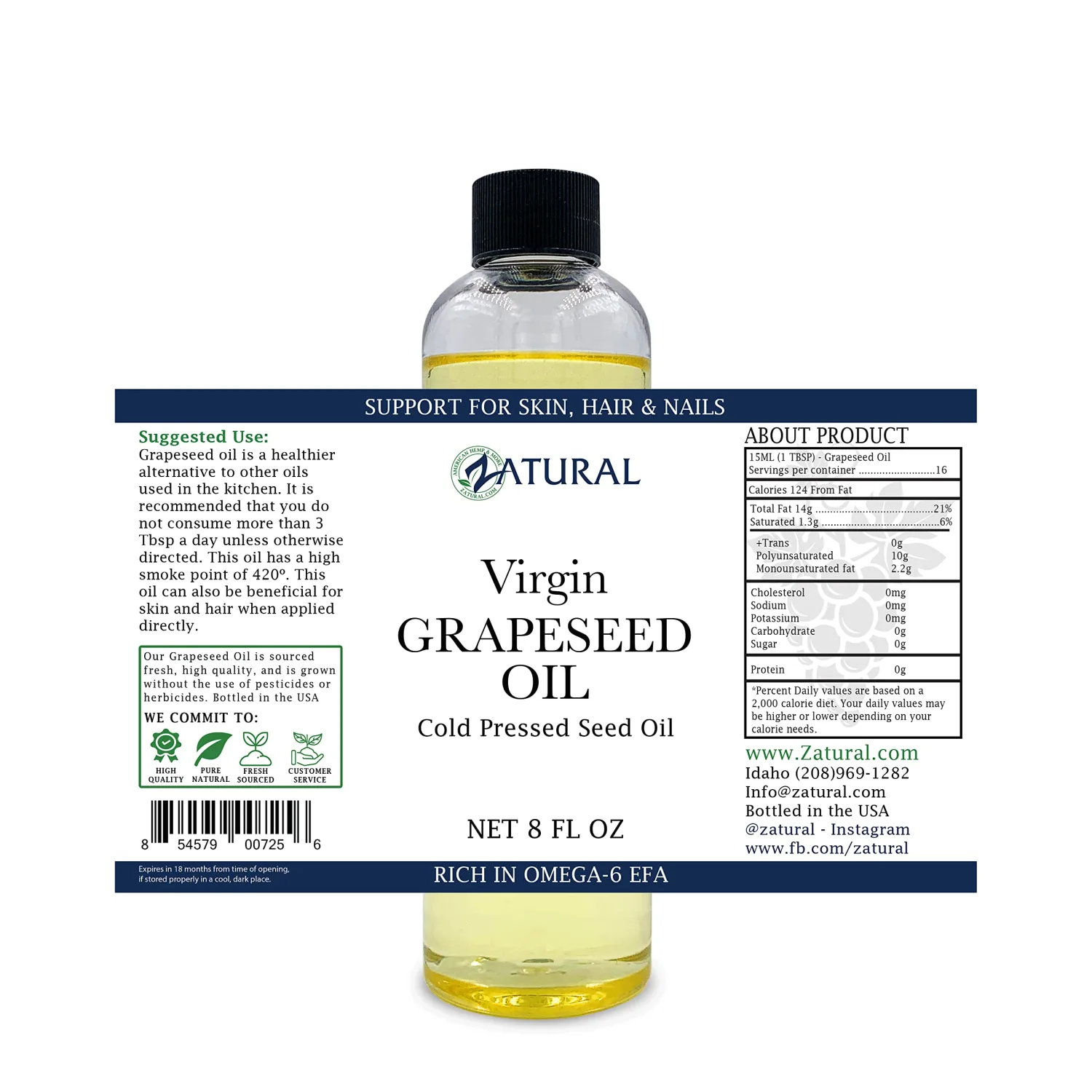 Zatural Grapeseed Oil Organically Grown 100% Pure Cold Pressed Virgin High Tempurature Cooking Oil (8oz)