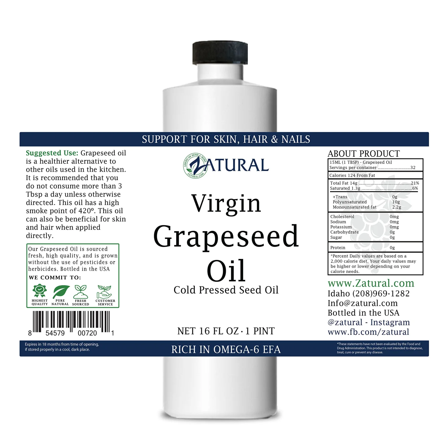 Zatural Grapeseed Oil Organically Grown 100% Pure Cold Pressed Virgin High Tempurature Cooking Oil (16oz)