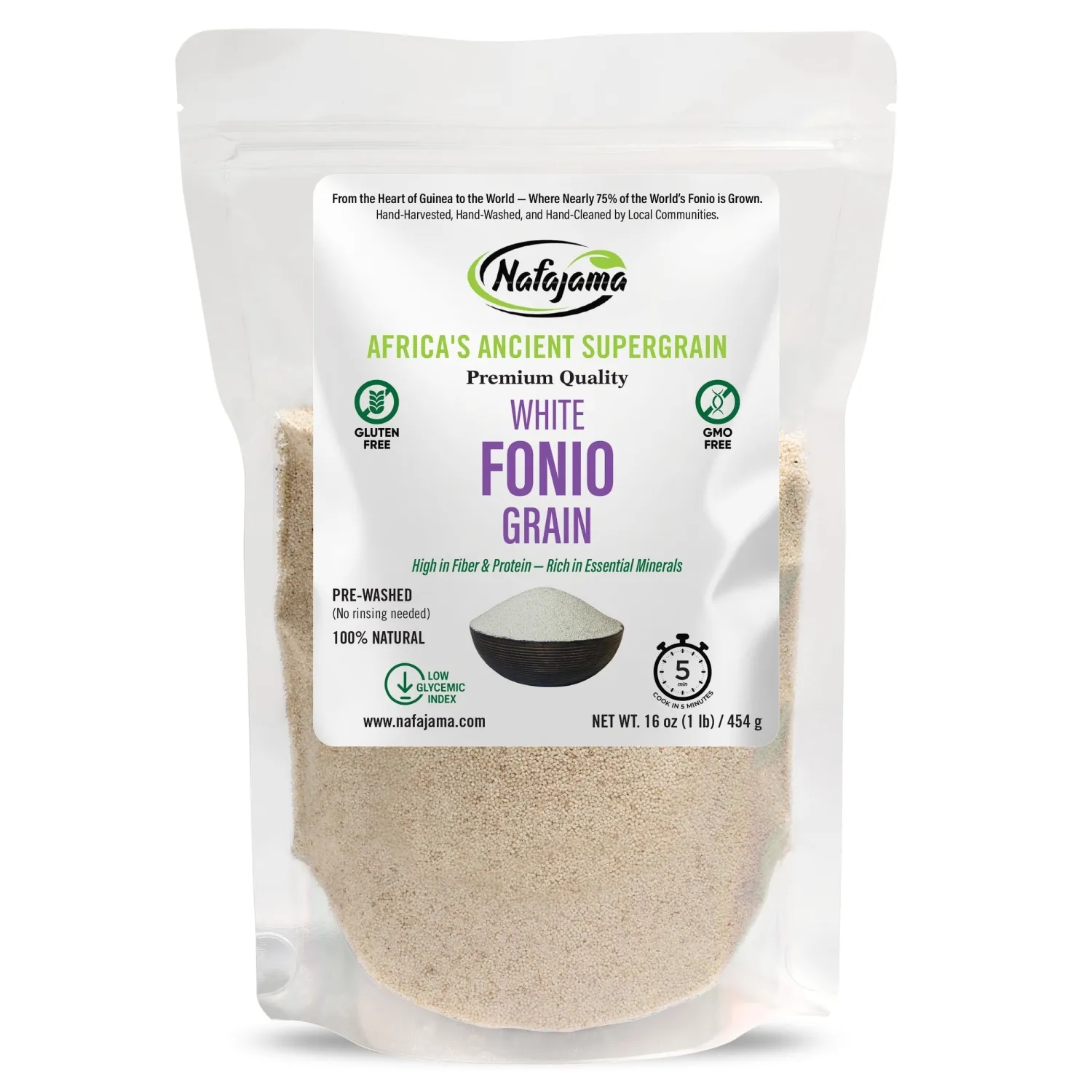 Nafajama Premium Gluten-Free White Fonio Grain | Pre-Washed Ancient African Super-Grain | Non-GMO, Vegan, High-Fiber Superfood | All-Natural, Uncooked - 1 Bag of 1 lb / 454g