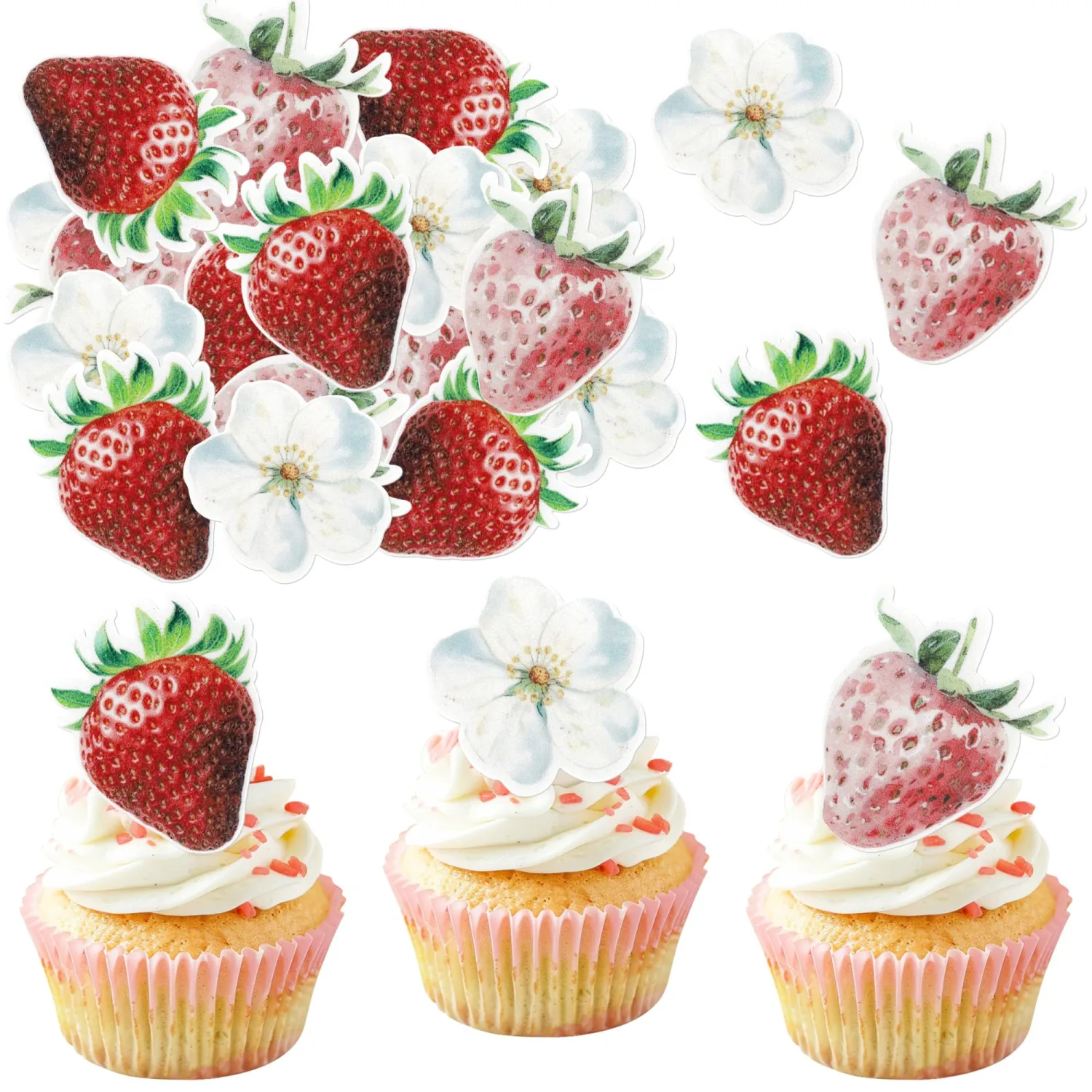 60 Pack Edible Sweet Strawberry Flower Cupcake Toppers First Birthday Strawberry Flower Cake Toppers Rice Paper Wafer Paper Cake Picks for Fruit 1st Berry Sweet Kids Birthday Cake Decorations