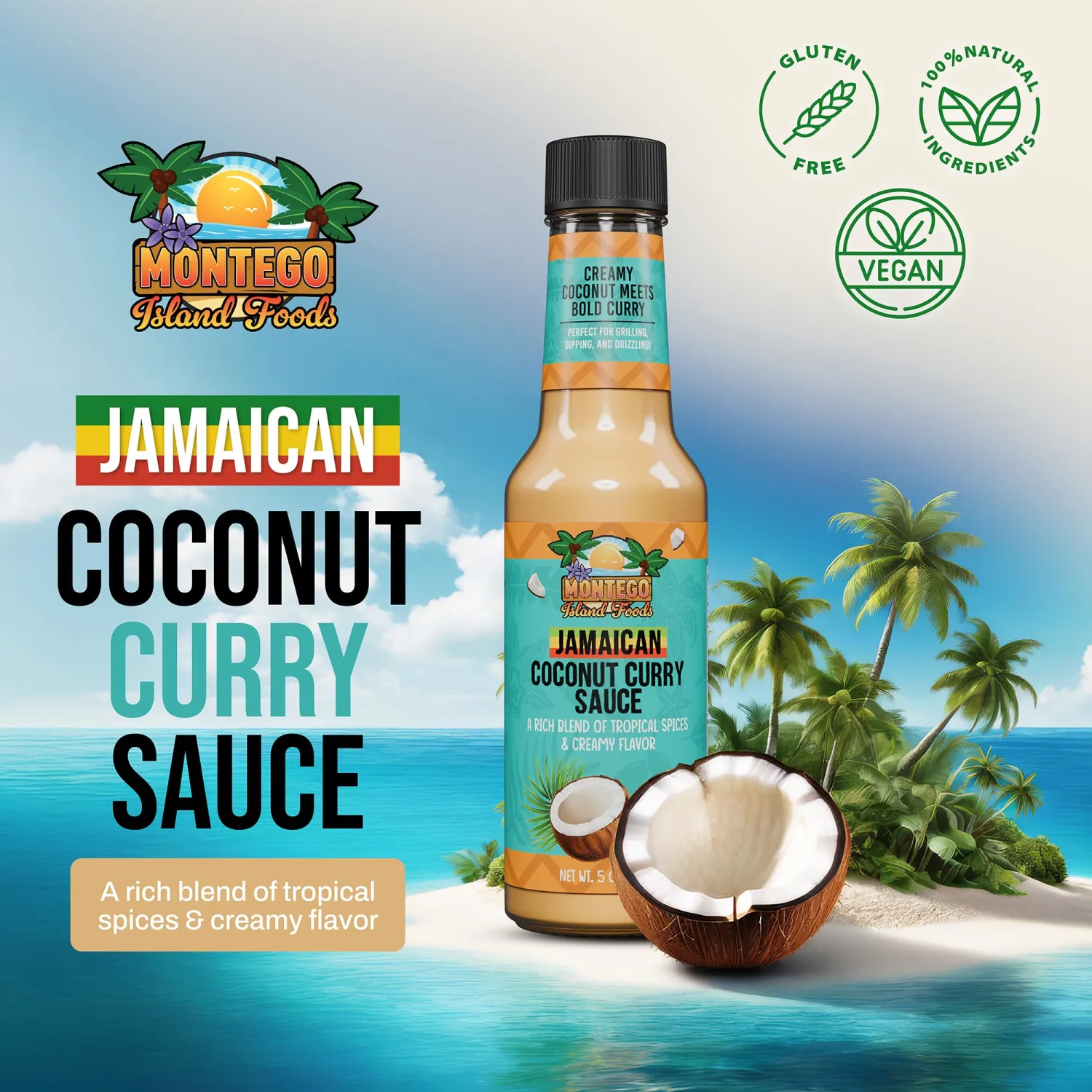 Montego Island Foods Jamaican Coconut Curry Sauce – Creamy Coconut & Bold Curry Flavor with 100% All Natural Ingredients – Perfect for Cooking, Marinating, and Dipping – Island Taste Unlocked
