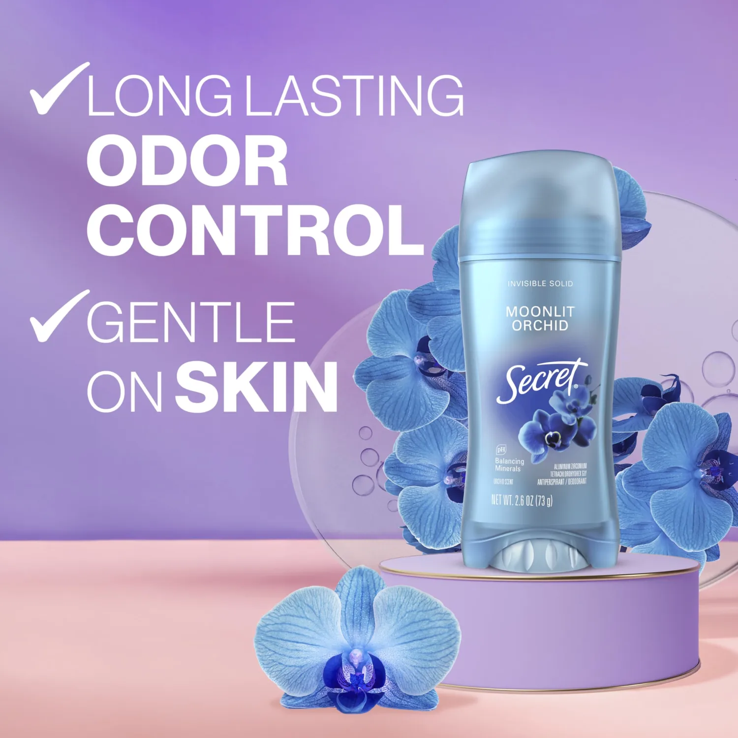 Secret Fresh Antiperspirant Deodorant for Women, 72hr Breathable Sweat & Odor Protection, Instant Freshness & Gentle, PH Balancing Minerals, Invisible Solid, Moonlight Orchid Scent, 2.6 oz