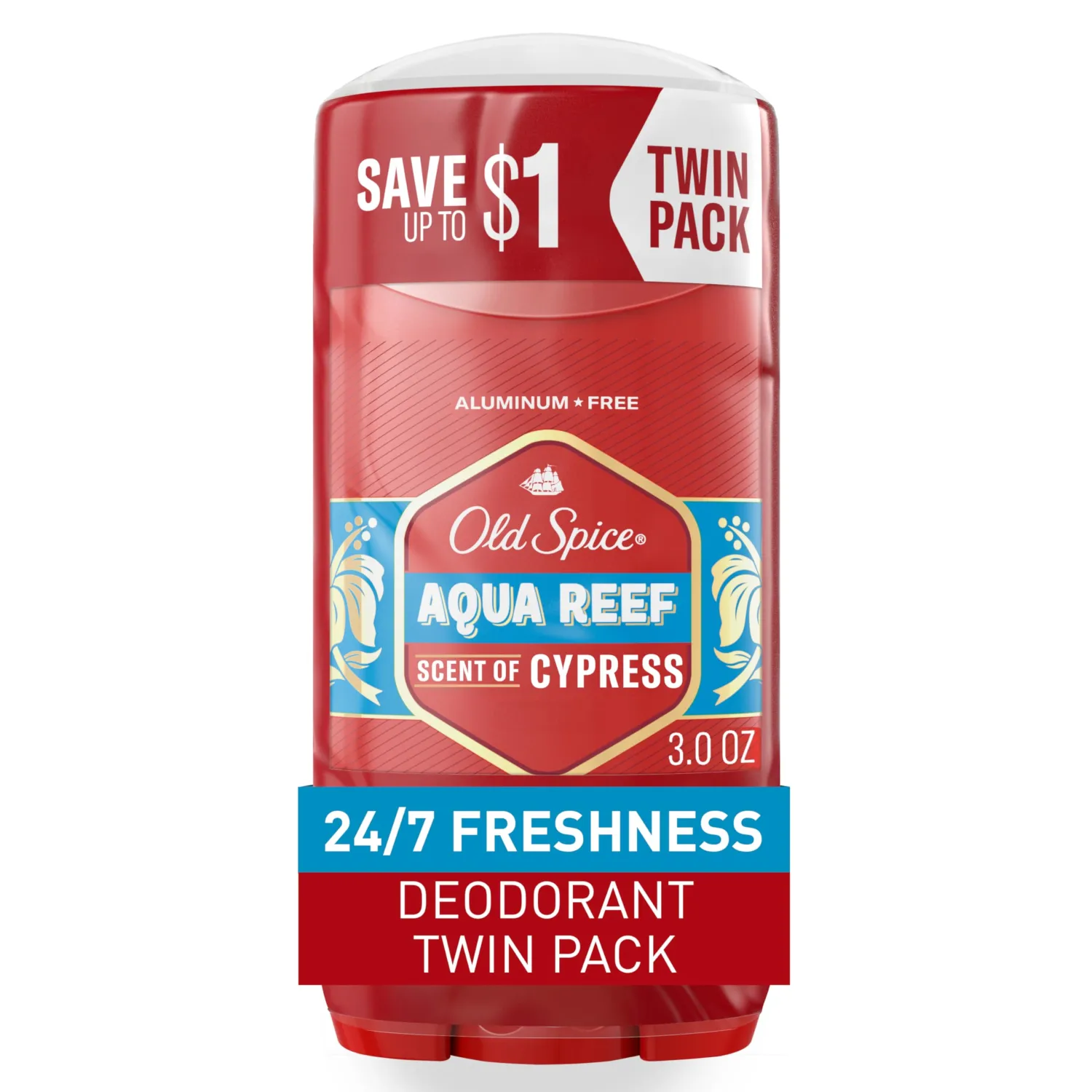 Old Spice Aluminum Free Deodorant for Men, 24/7 Odor Protection, 24/7 Freshness & Lasting Scent, Aqua Reef with Cypress Scent, 3.0 oz (Pack of 2)